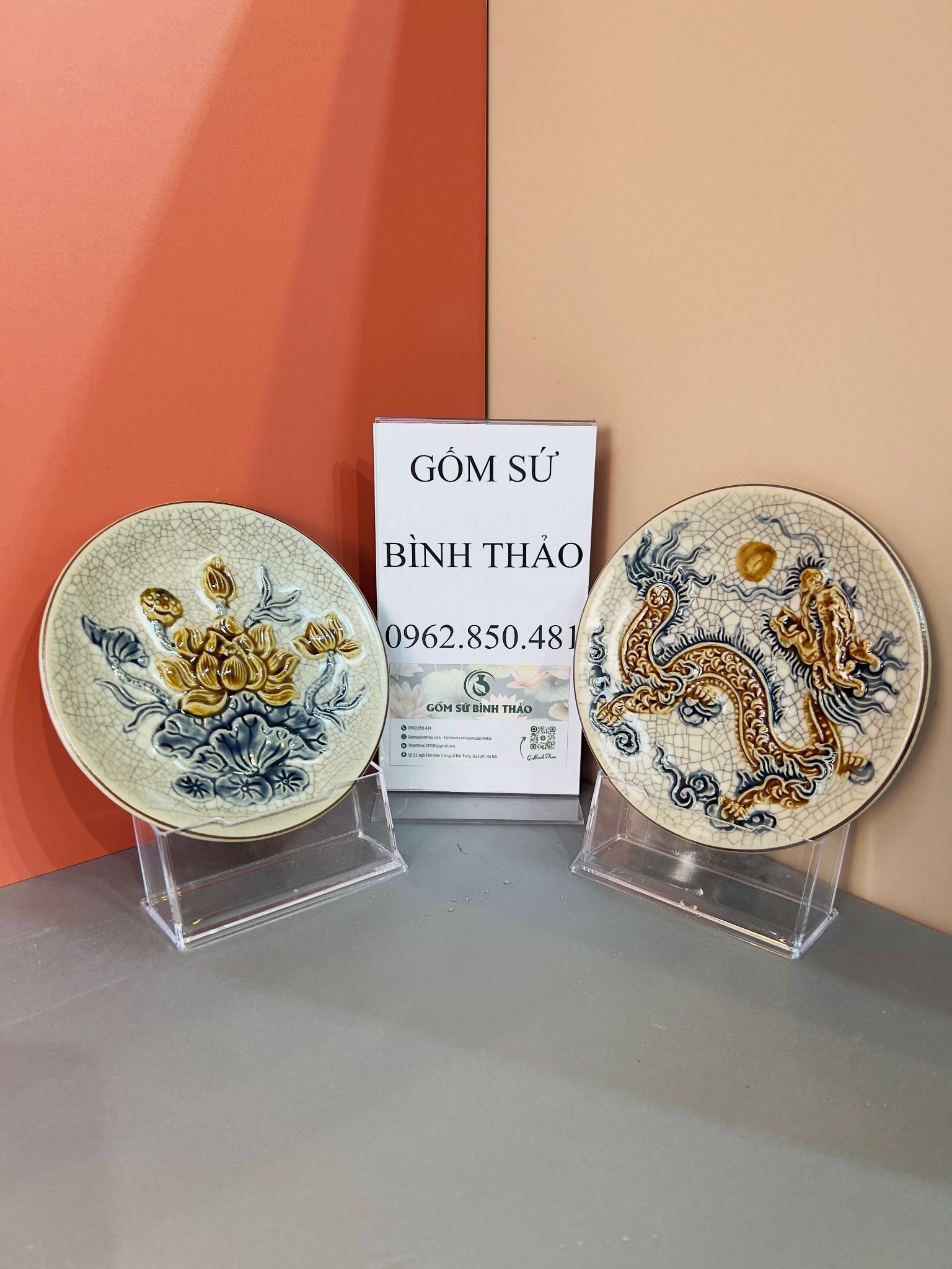 Bộ Bát hương đầy đủ Gốm sứ Bát Tràng Men rạn Đắp nổi - Hàng chuẩn Nghệ nhân MRBT03