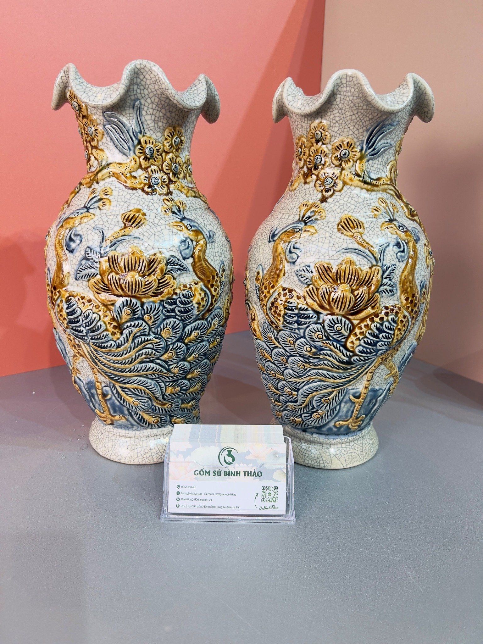 Bộ thờ Đầy đủ Đỉnh hạc Gốm sứ Bát Tràng Men rạn Đắp nổi - Hàng chuẩn Nghệ nhân MRBT04