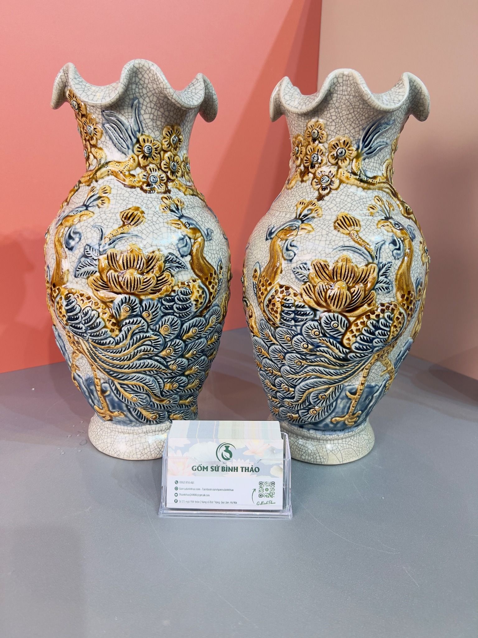 Bộ Bát hương đầy đủ Gốm sứ Bát Tràng Men rạn Đắp nổi - Hàng chuẩn Nghệ nhân MRBT03