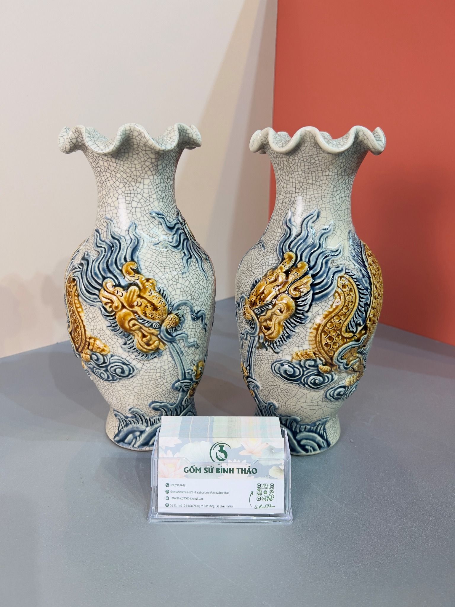 Bộ đồ thờ cơ bản thờ Gia tiên Gốm sứ Men rạn Đắp nổi Bát Tràng BT22