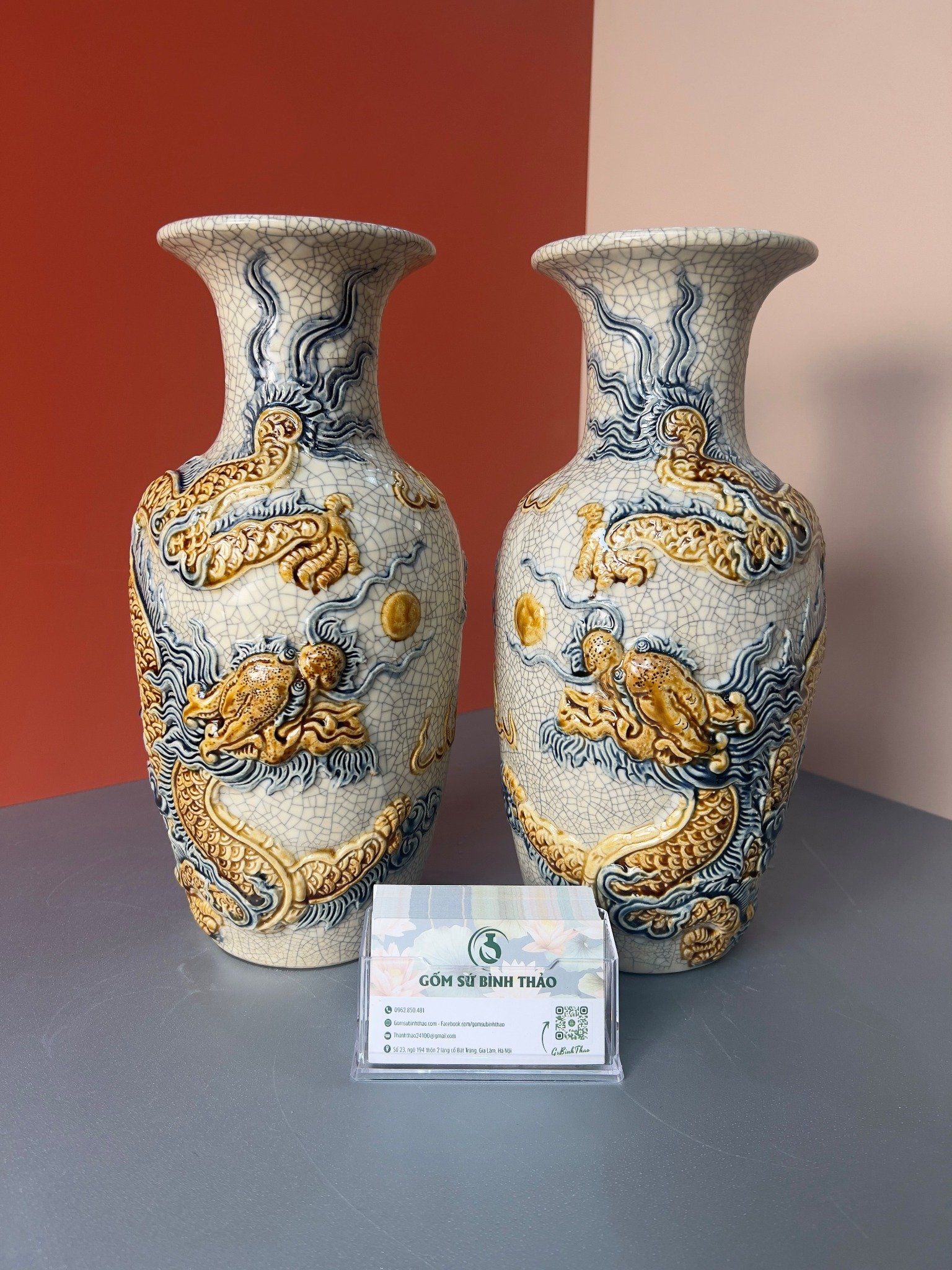 Bộ bát hương thờ Gia tiên Gốm sứ Men rạn Đắp nổi Bát Tràng BT23