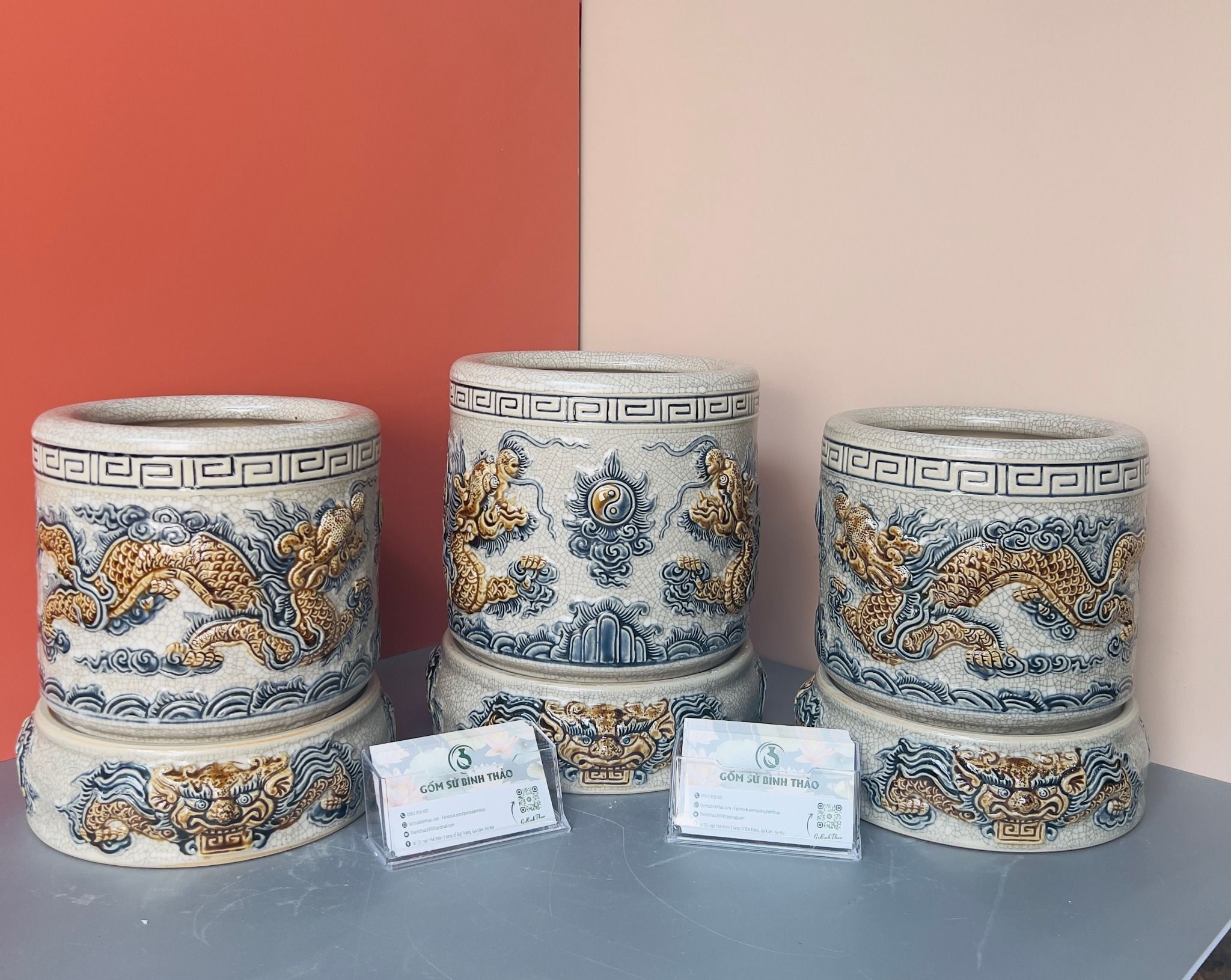 Bộ đồ thờ cơ bản thờ Gia tiên Gốm sứ Men rạn Đắp nổi Bát Tràng BT22