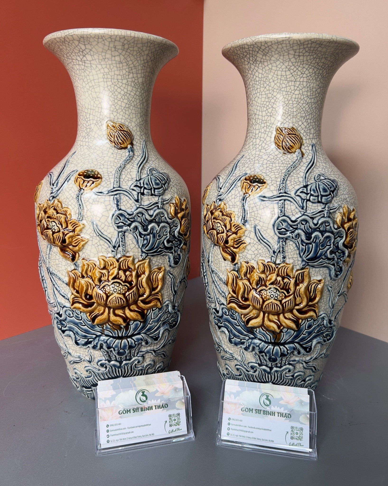 Đồ thờ Bát Tràng Họa tiết Sen Men rạn Đắp nổi - Hàng chuẩn Nghệ nhân MRBT13