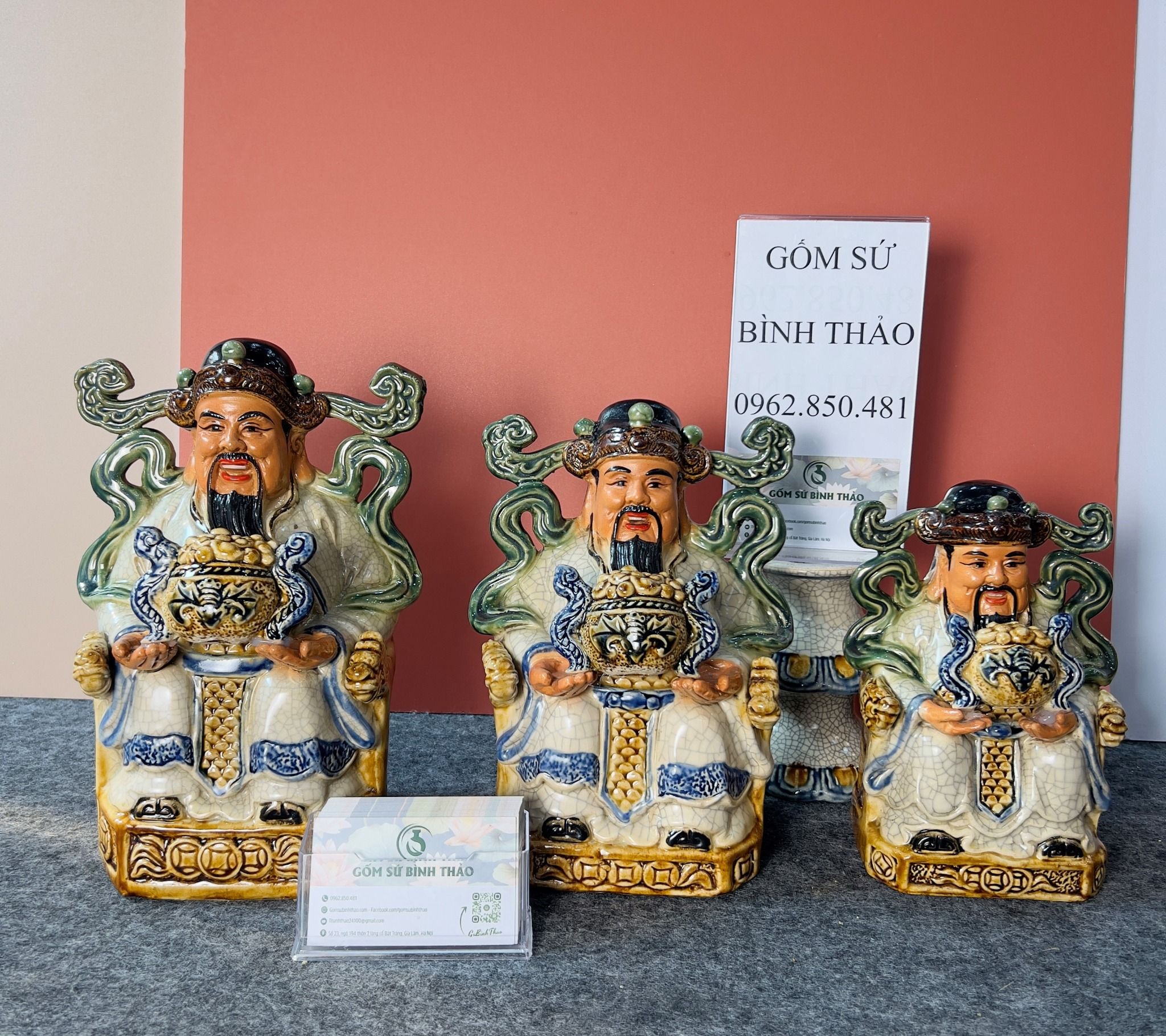 Bộ Thần Tài Thổ Địa Men rạn - Gốm sứ Bát Tràng