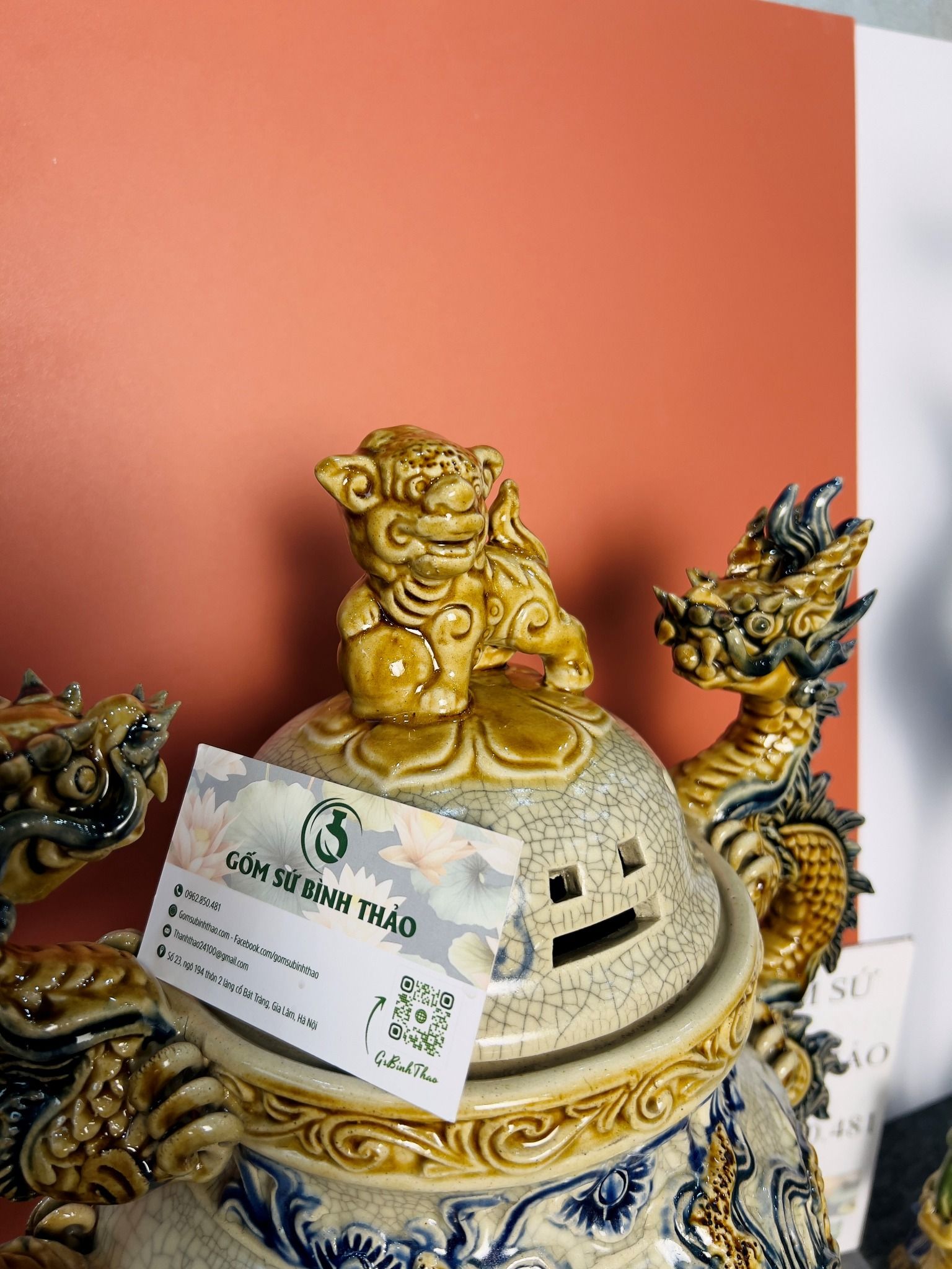 Bộ Đỉnh hạc Sứ Tam sự Men rạn - Gốm sứ Bát Tràng CN