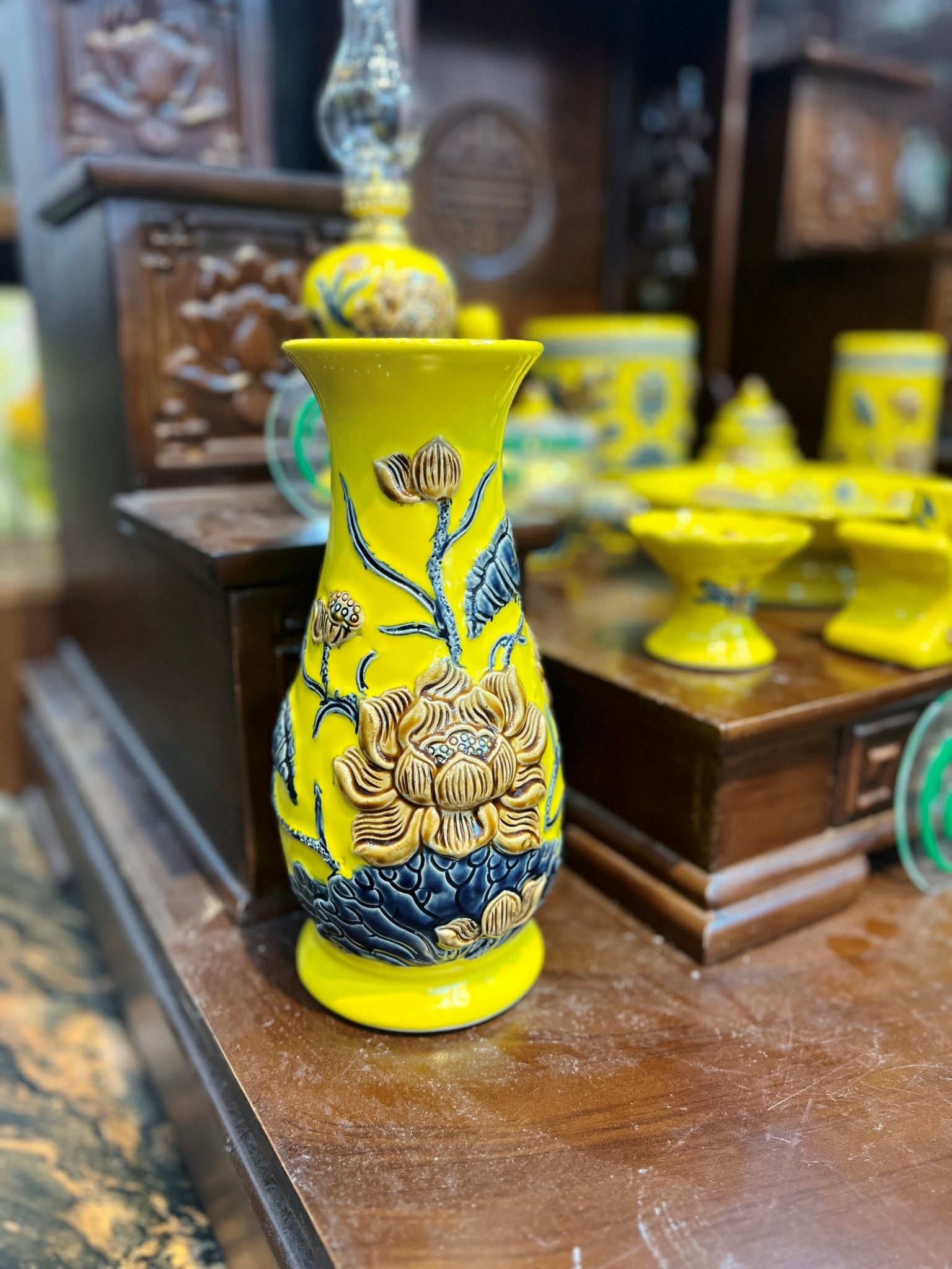 Đồ thờ Bát Tràng bộ Tài Địa Hợp mệnh Kim & Thủy - Gốm nghệ nhân Bát Tràng PATT18