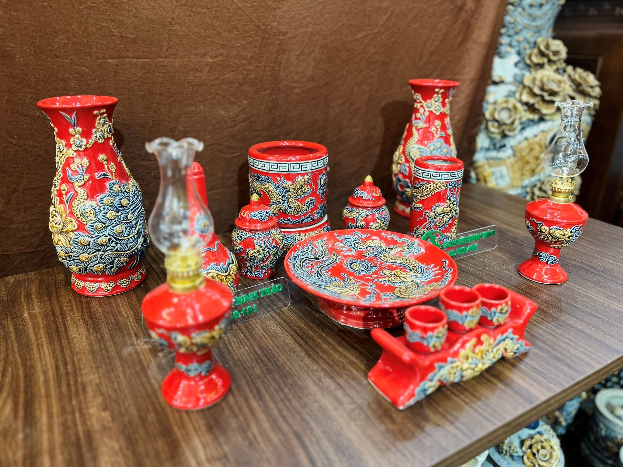 Bộ đồ thờ Thần tài Hợp mệnh Hỏa & Thổ - Gốm nghệ nhân Bát Tràng PATT17
