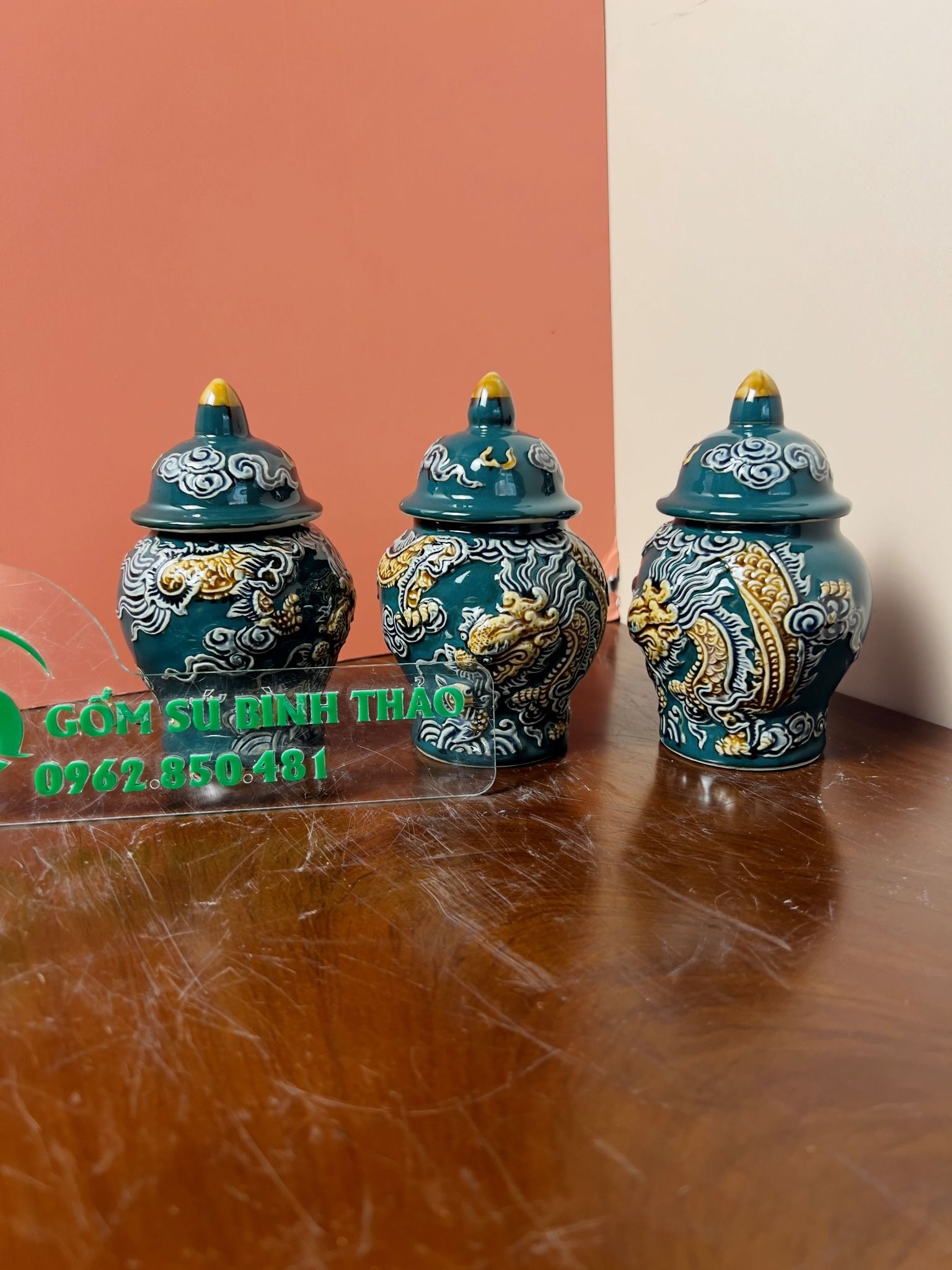 Bộ đờ thờ 3 bát hương Gốm sứ Bát Tràng Hợp mệnh Mộc & Hỏa - Gốm nghệ nhân Bát Tràng MMPA12