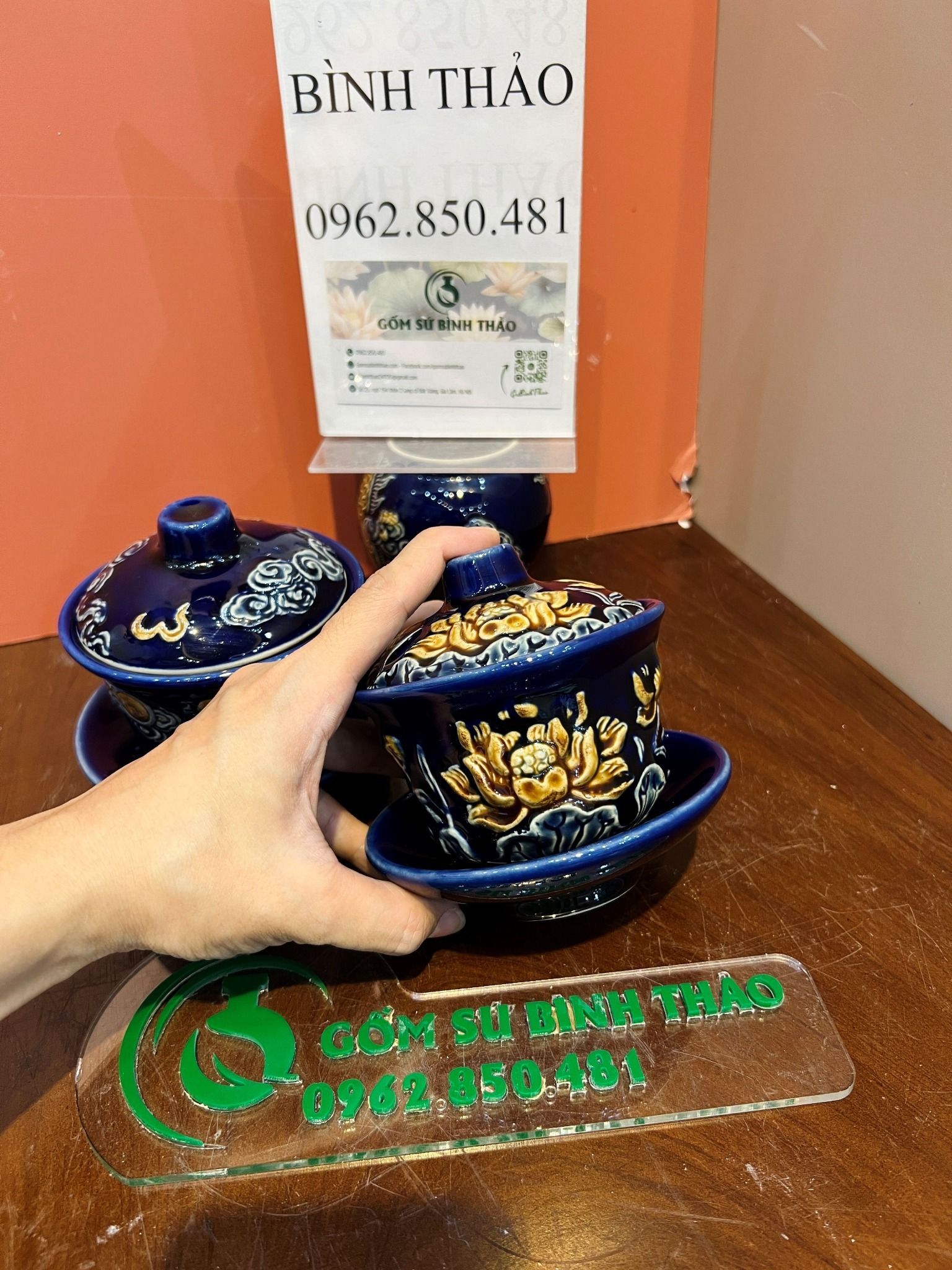 Bộ đồ thờ Gia tiên 3 Bát hương Hợp mệnh Thủy & Mộc - Gốm nghệ nhân Bát Tràng MMPA10