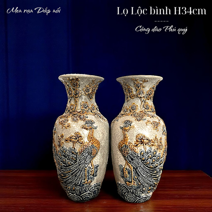 Lọ lộc bình Công đào Men rạn Đắp nổi PA