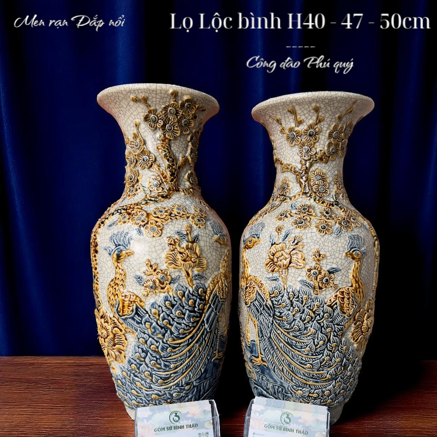Lọ lộc bình Công đào Men rạn Đắp nổi PA