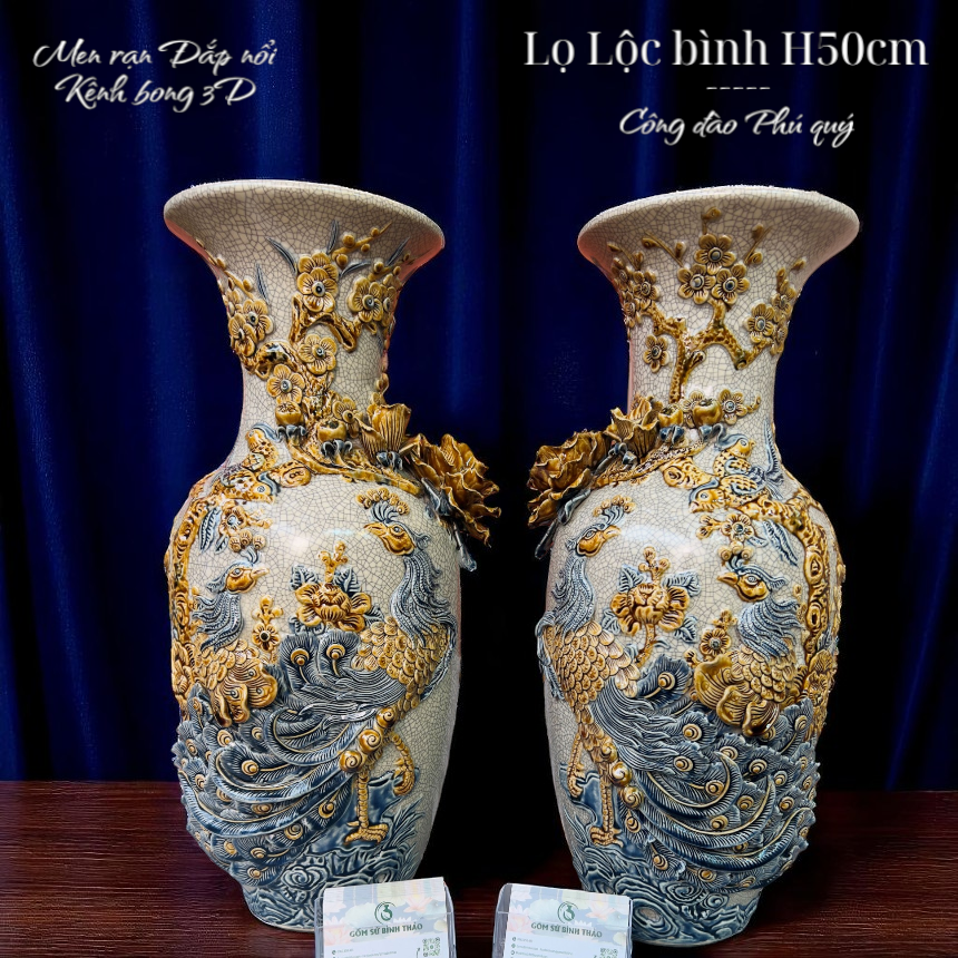 Lọ lộc bình Công đào Men rạn Đắp nổi PA