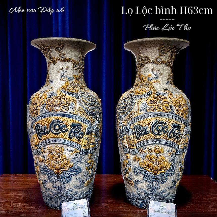 Lọ lục bình Phúc Lộc Thọ Men rạn Đắp nổi PA