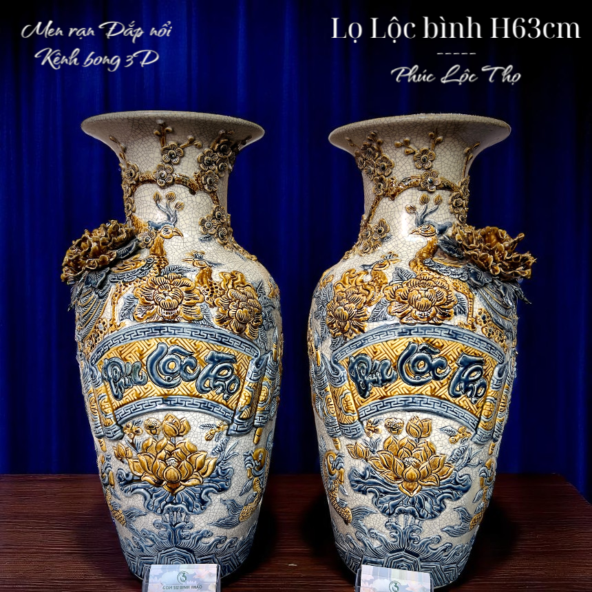Lọ lục bình Phúc Lộc Thọ Men rạn Đắp nổi PA