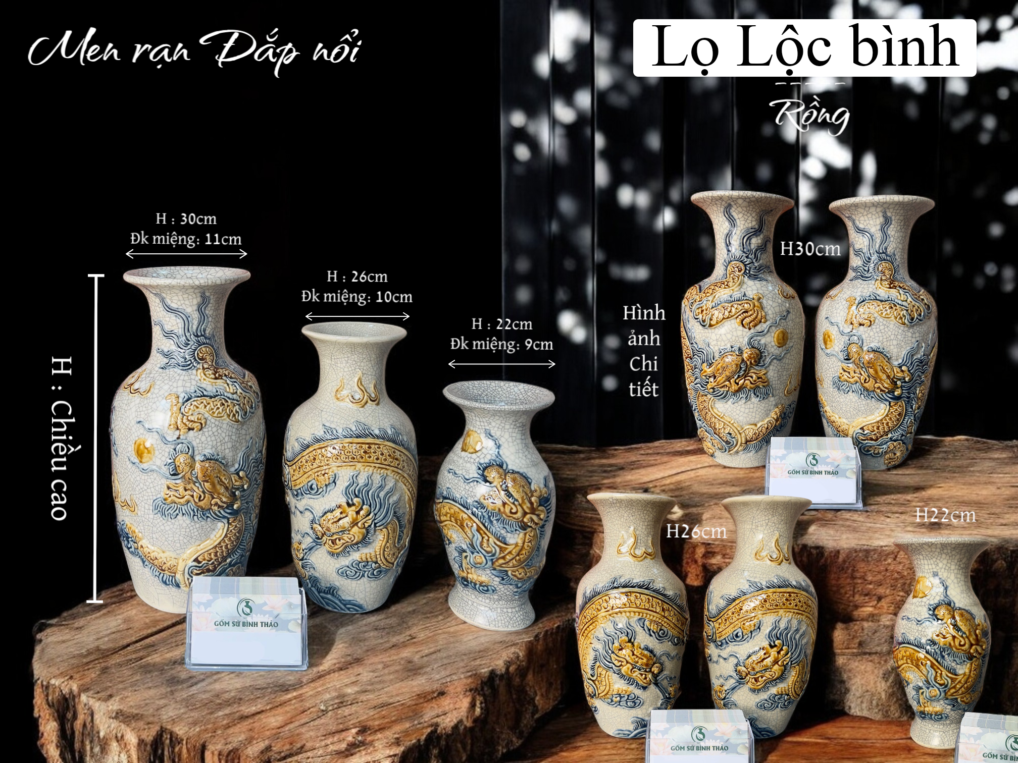 Lọ lộc bình Rồng Men rạn Đắp nổi PA