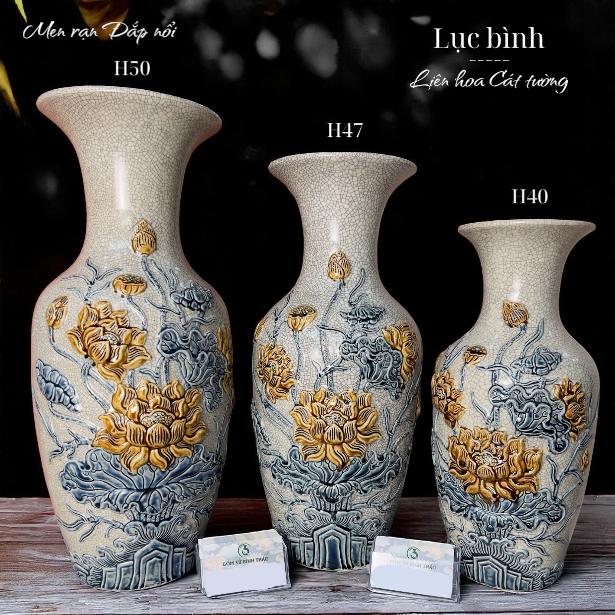 Lọ lộc bình Sen Men rạn Đắp nổi PA