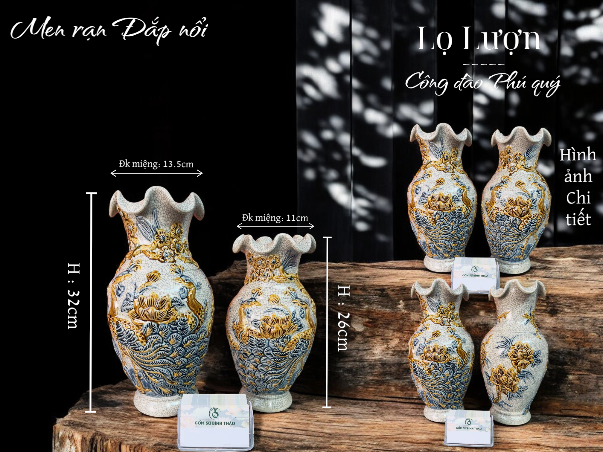 Lọ lượn Công đào Men rạn Đắp nổi PA