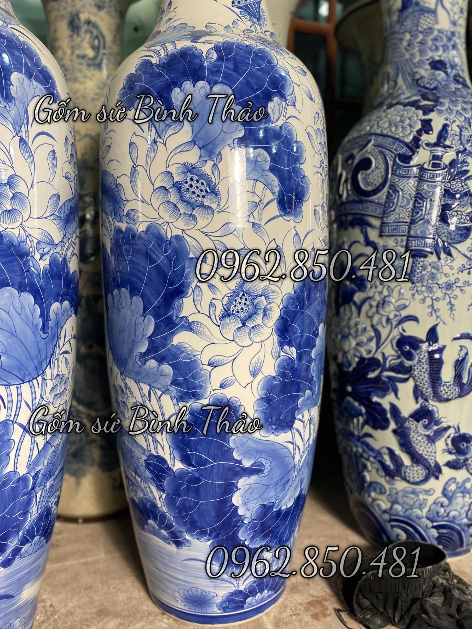 Lọ Lục Bình Liên hoa Cát tường men Lam Bát Tràng HL