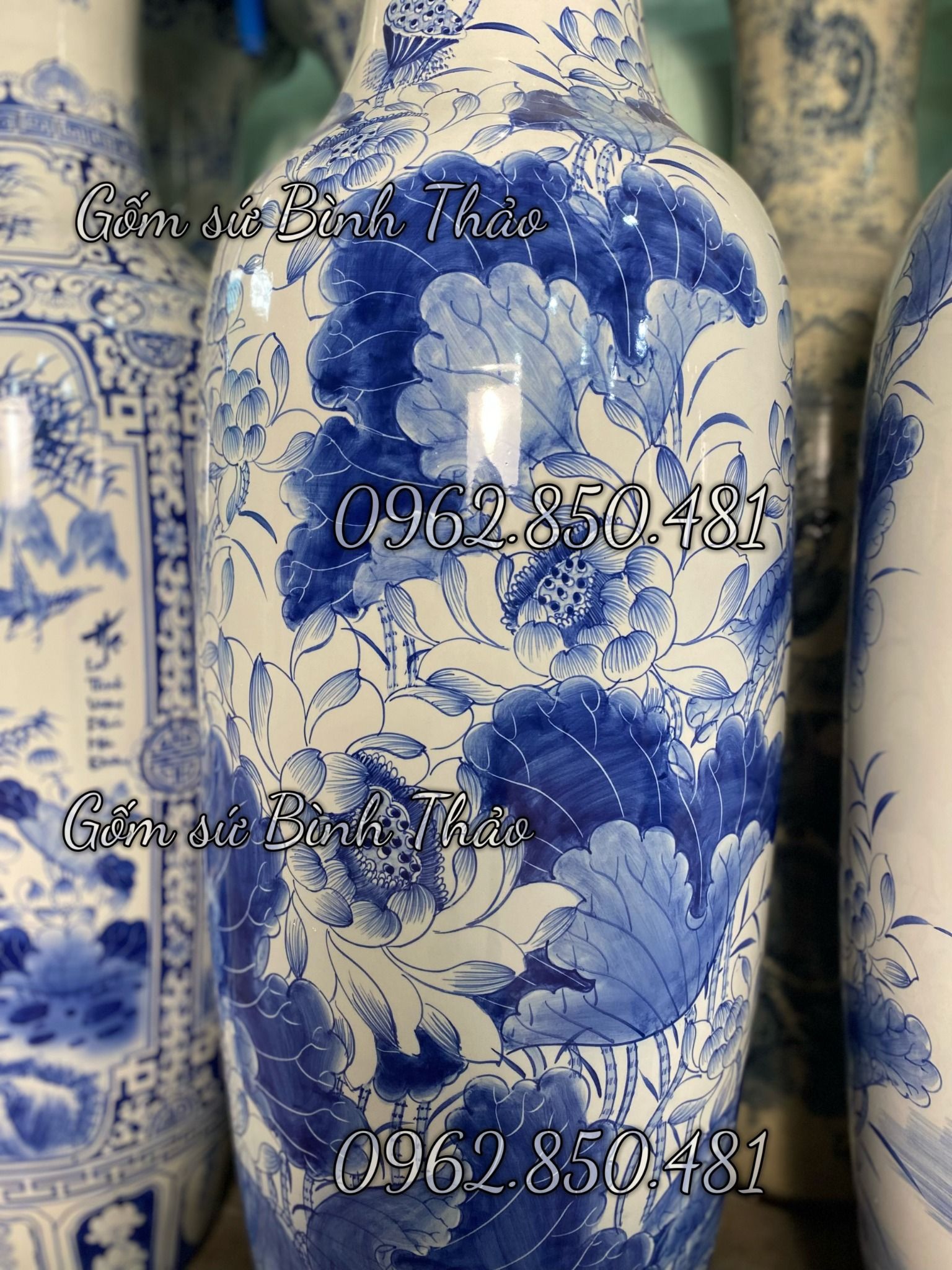 Lọ Lục Bình Liên hoa Cát tường men Lam Bát Tràng HL