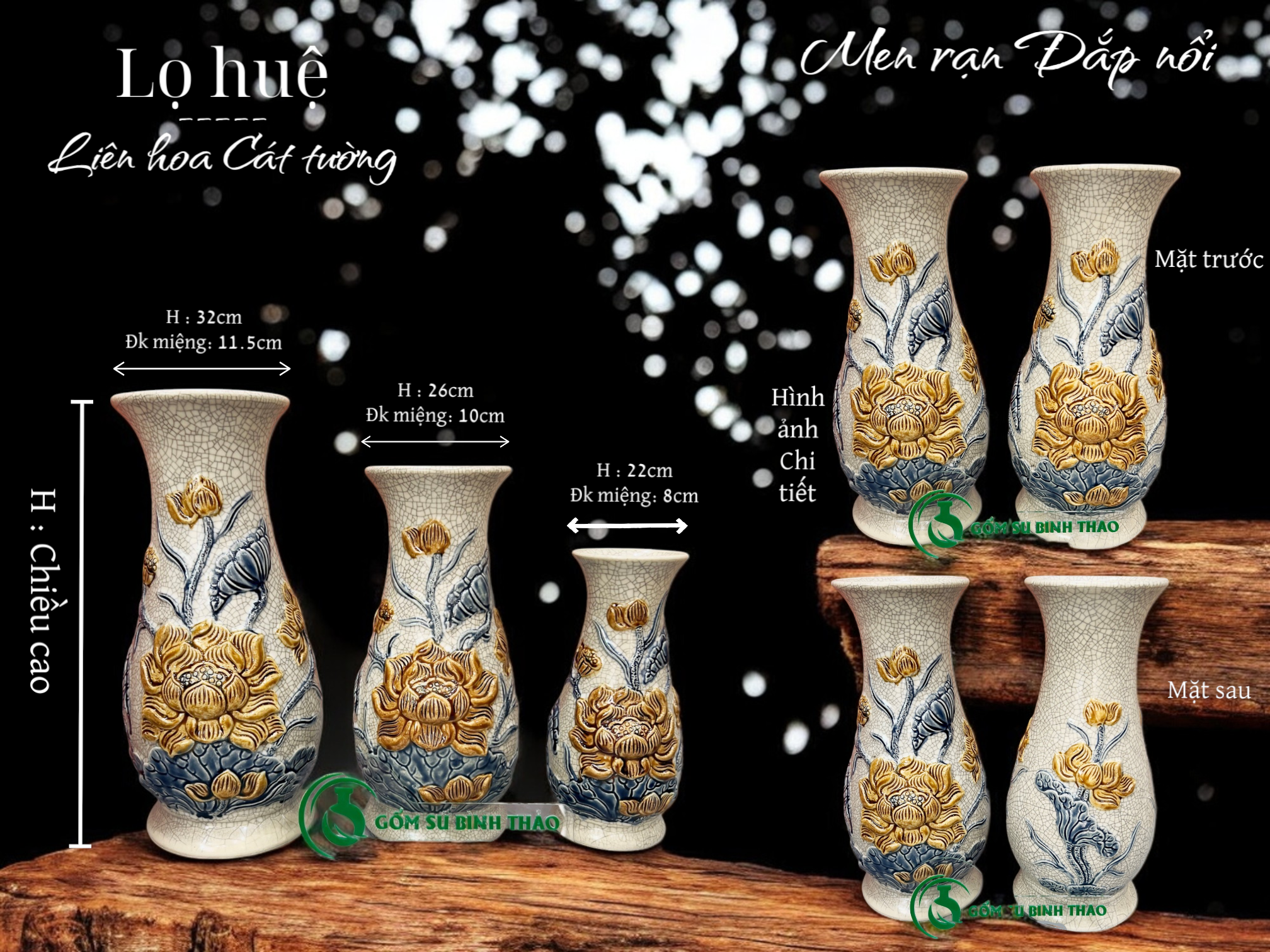 Lọ huệ Sen Men rạn Đắp nổi PA