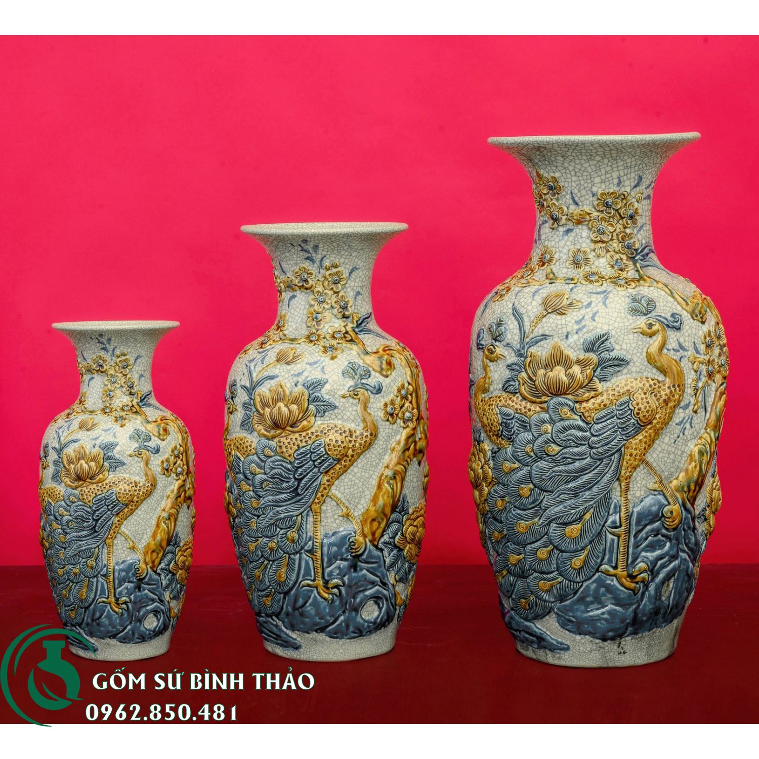 Bộ đồ thờ ban thờ 1m97 men rạn đắp nổi rồng