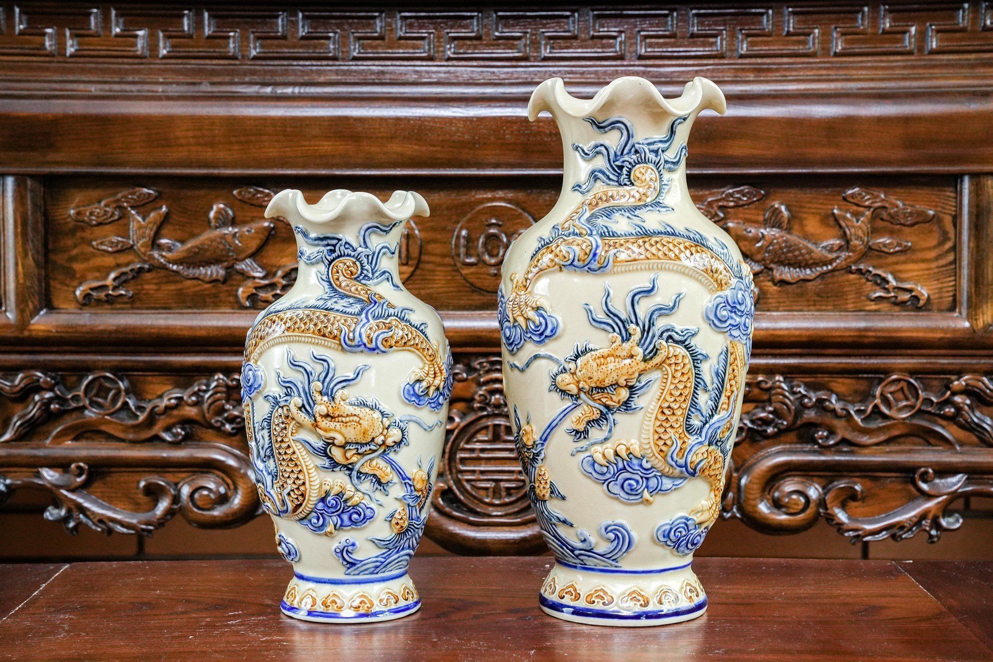 Lọ hoa miệng lượn Rồng Phượng Men hoàng thổ Đắp nổi Cao cấp - Gốm Nghệ nhân Bát Tràng