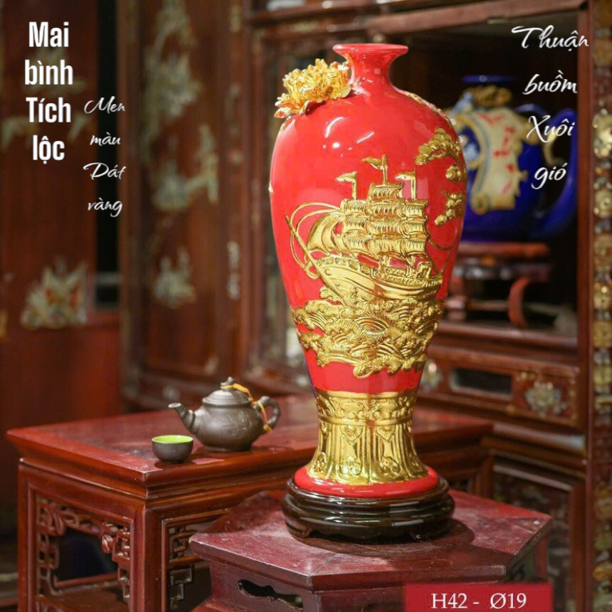 Mai bình tích lộc - Thuận buồm Xuôi gió- Họa tiết đắp nổi Dát vàng