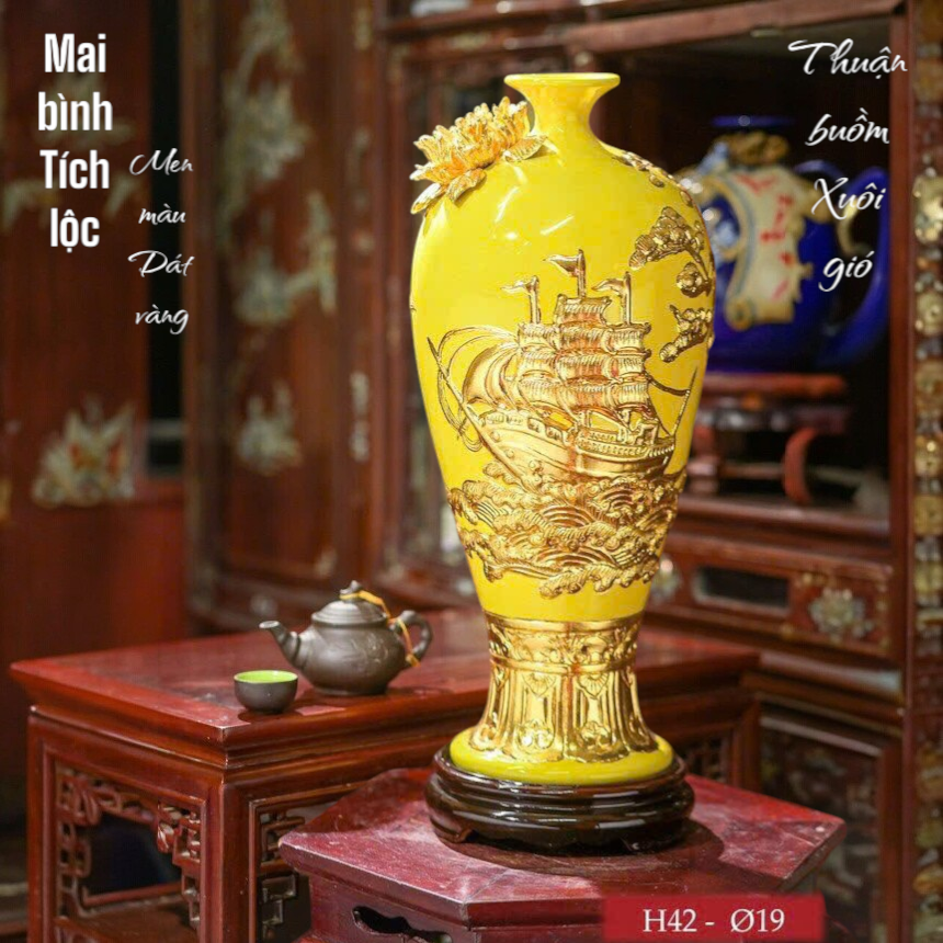 Mai bình tích lộc - Thuận buồm Xuôi gió- Họa tiết đắp nổi Dát vàng
