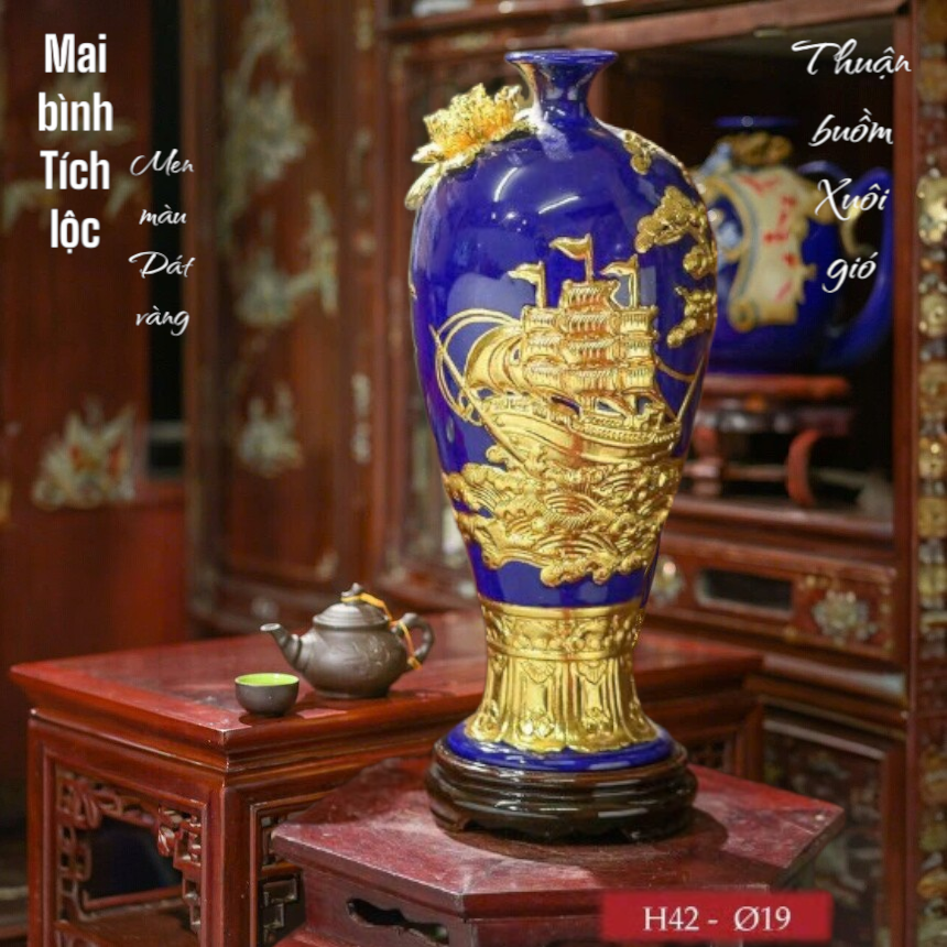 Mai bình tích lộc - Thuận buồm Xuôi gió- Họa tiết đắp nổi Dát vàng