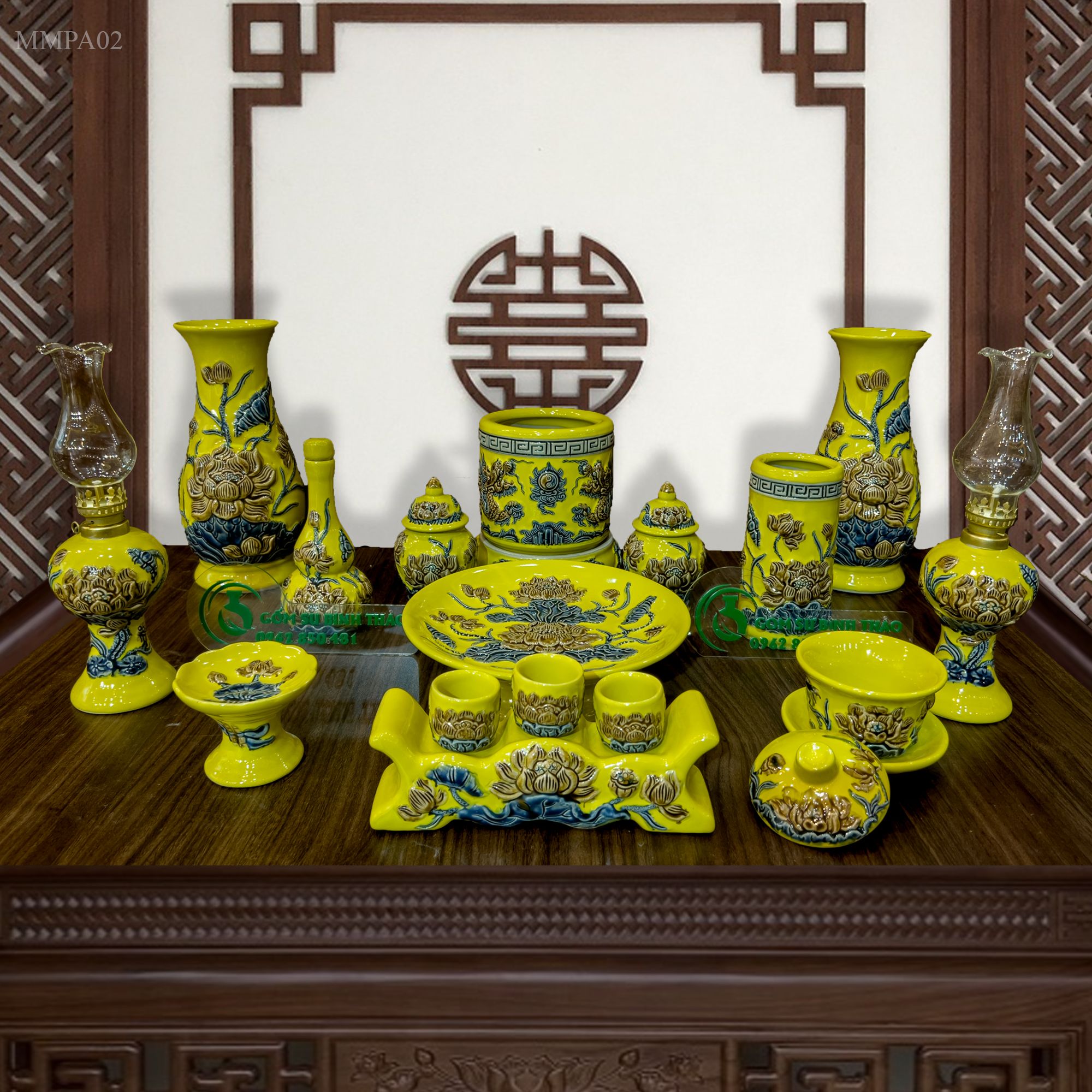 Bộ đồ thờ gốm sứ Bát Tràng bộ 1 bát hương Hợp mệnh Kim & Thổ - Gốm nghệ nhân Bát Tràng MMPA02