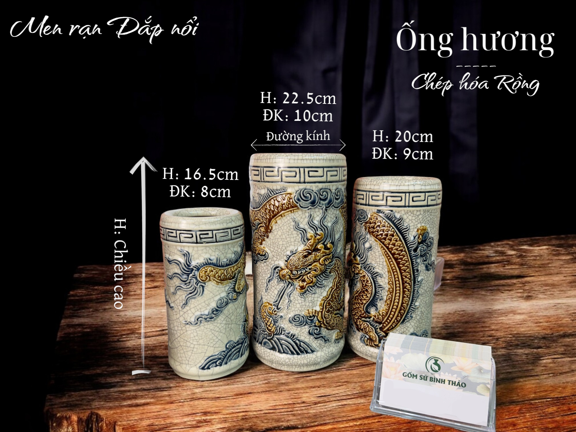 Ống hương họa tiết rồng, Ống cắm hương Men rạn Đắp nổi PA