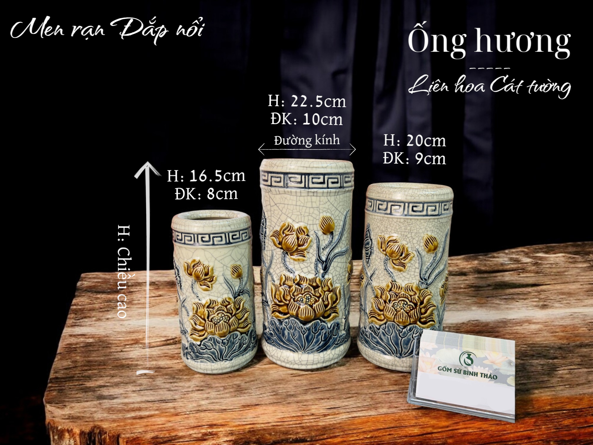 Ống hương Sen, Ống cắm hương Men rạn đắp nổi PA