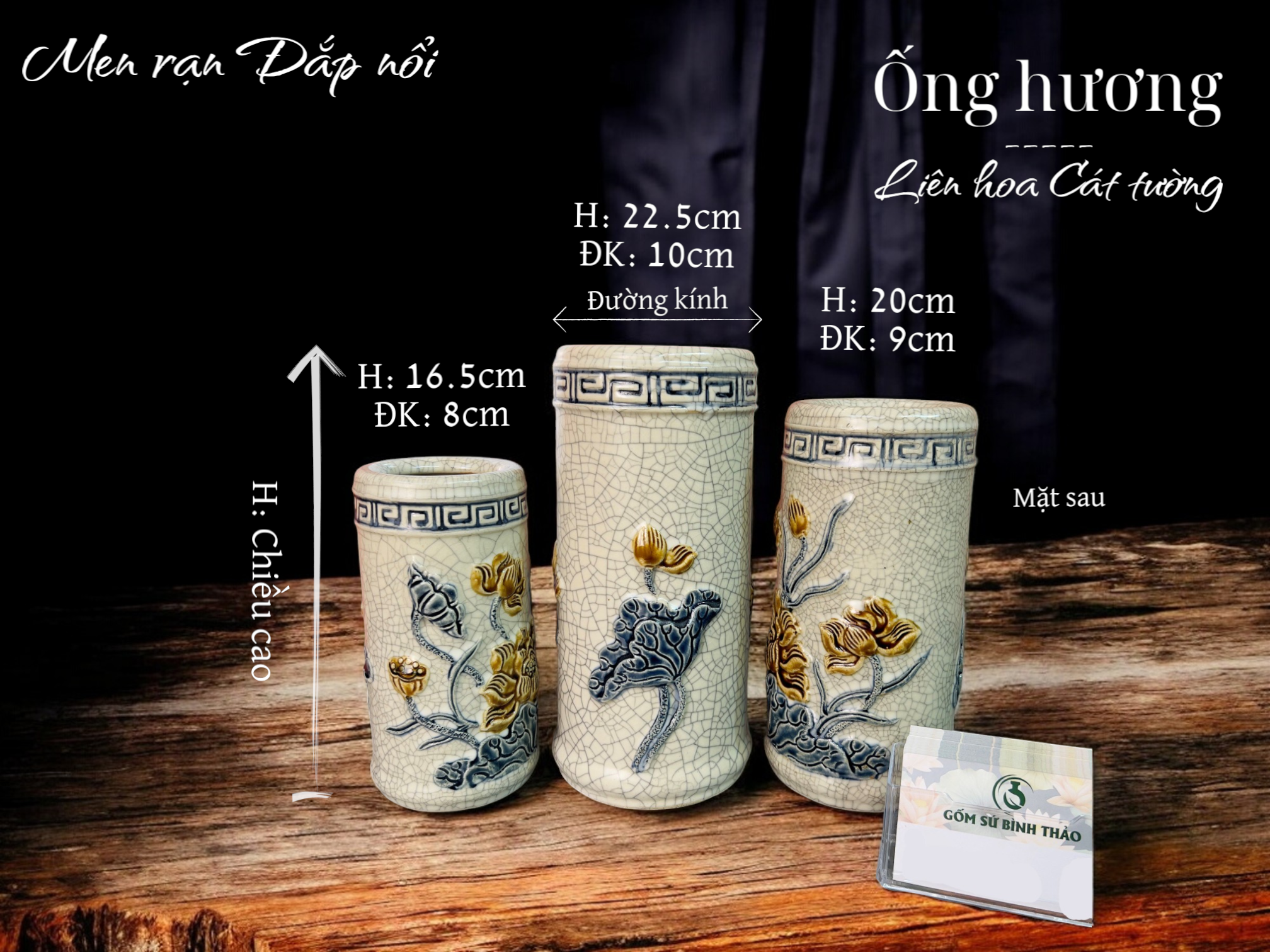 Ống hương Sen, Ống cắm hương Men rạn đắp nổi PA