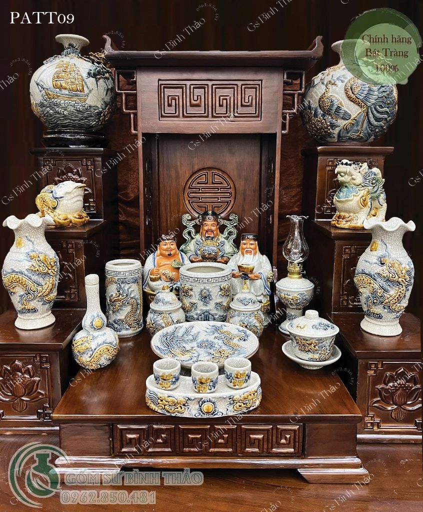 Đồ thờ Ban Thần tài Gốm sứ Bát Tràng - Men rạn Đắp nổi Gốm Nghệ nhân PATT09
