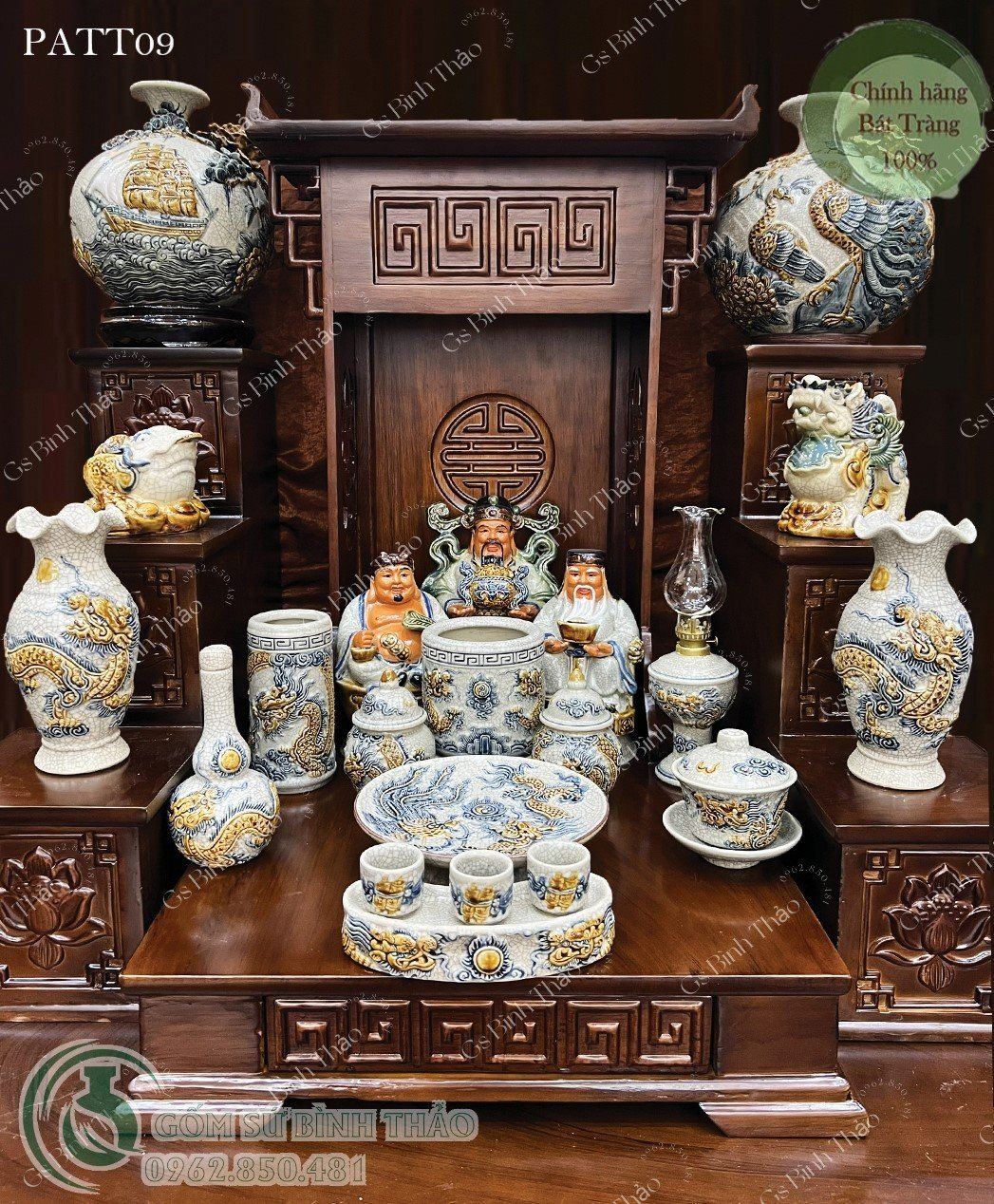 Đồ thờ Ban Thần tài Gốm sứ Bát Tràng - Men rạn Đắp nổi Gốm Nghệ nhân PATT09