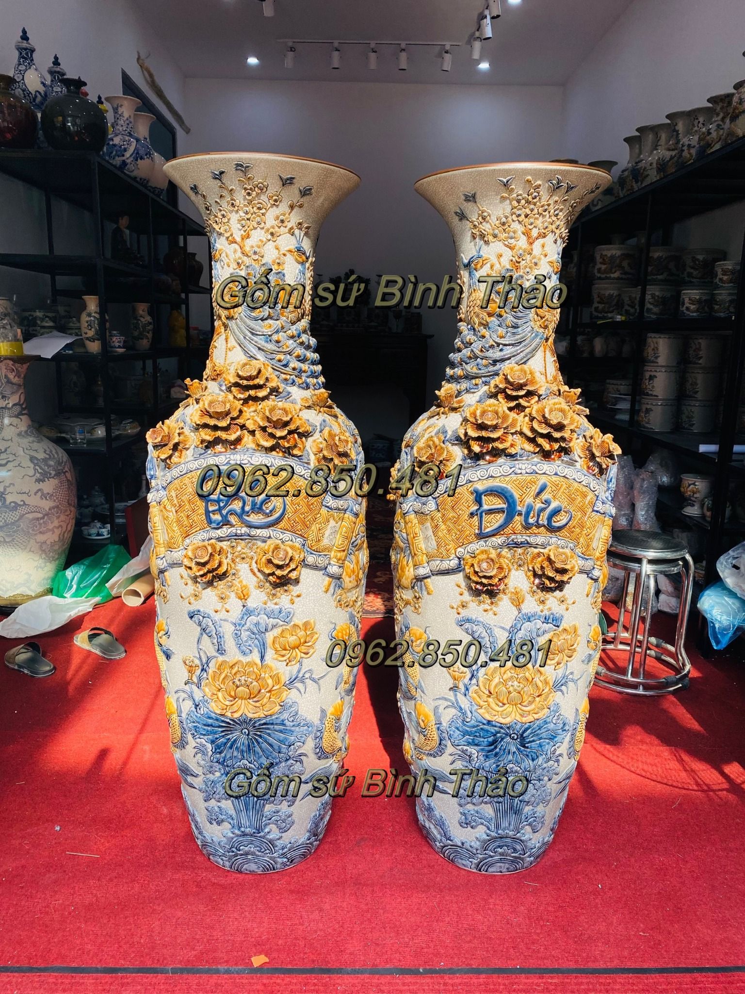 Lộc Bình Phúc Đức Cửu Ngư men rạn đắp nổi Bát Tràng LBMRPA
