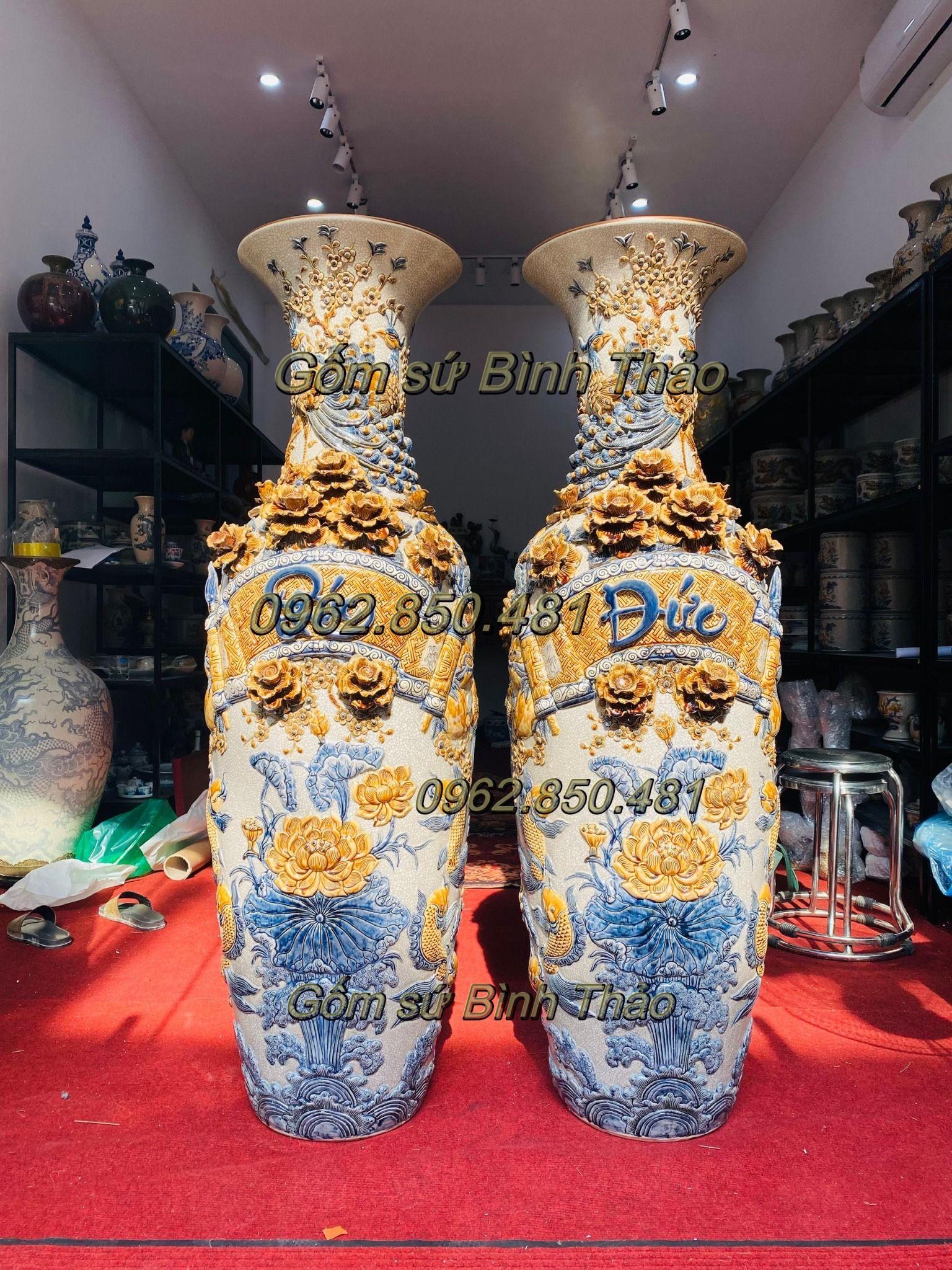 Lộc Bình Phúc Đức Cửu Ngư men rạn đắp nổi Bát Tràng LBMRPA