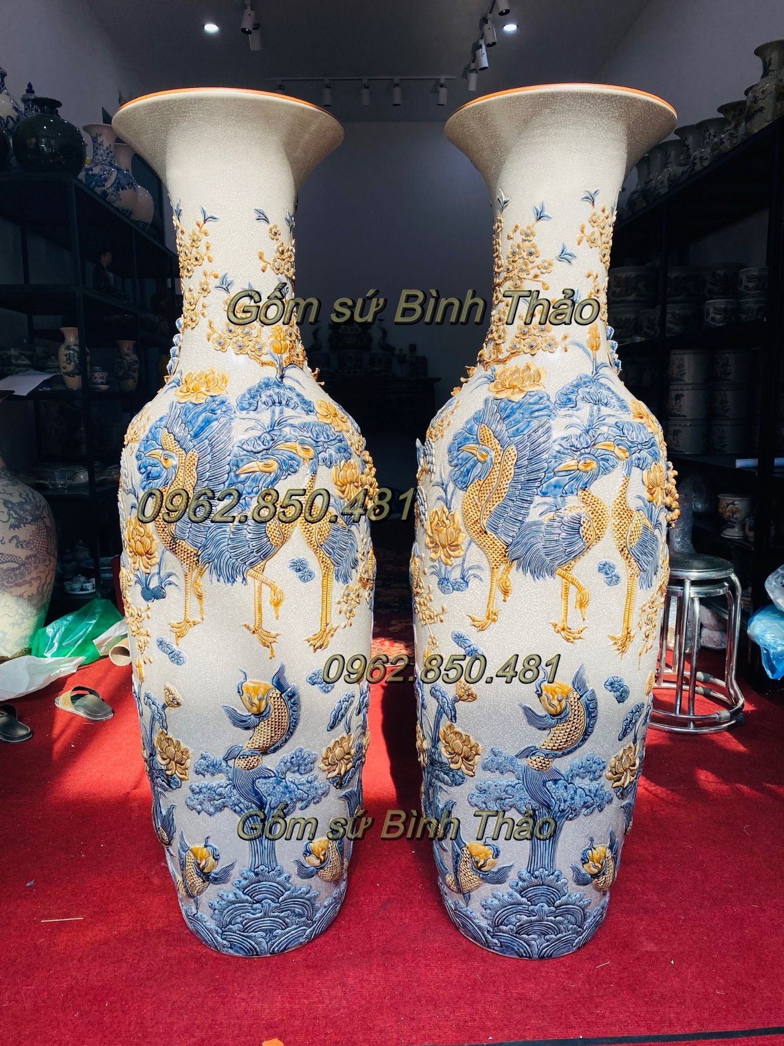 Lộc Bình Phúc Đức Cửu Ngư men rạn đắp nổi Bát Tràng LBMRPA
