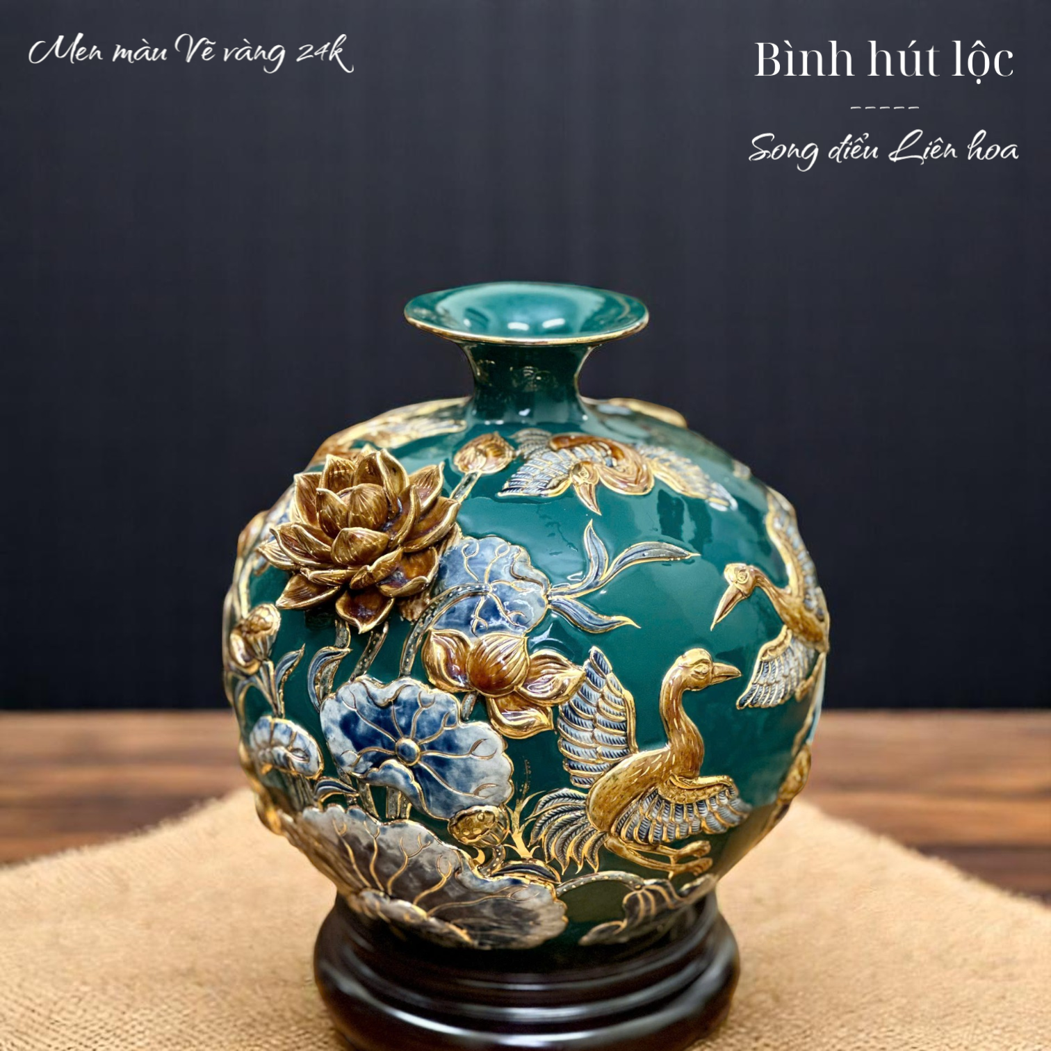 Bình hút tài lộc - Song điểu Liên hoa - Đắp nổi men màu - Hàng vẽ vàng 24k Cao cấp Bát Tràng HLSASHVV