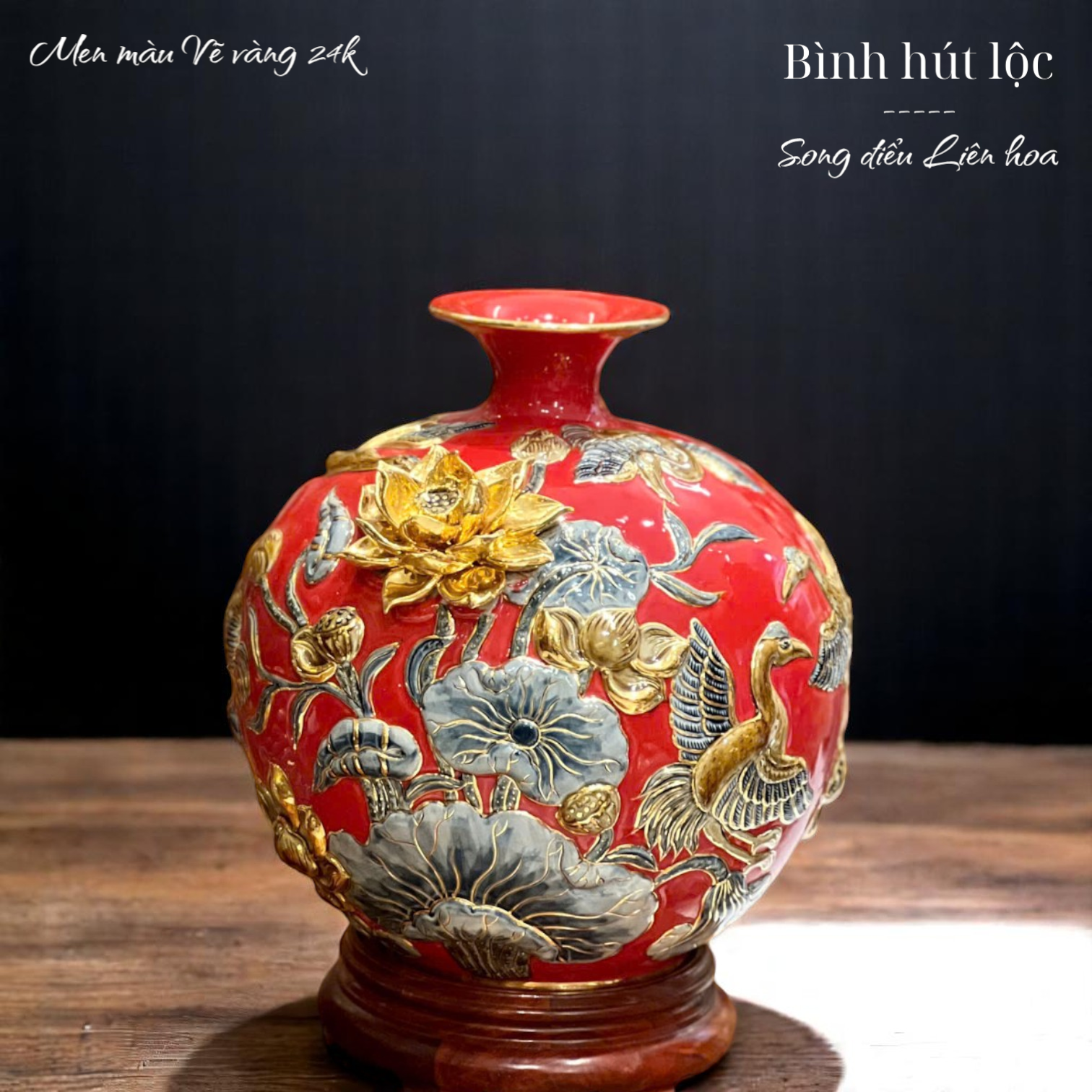 Bình hút tài lộc - Song điểu Liên hoa - Đắp nổi men màu - Hàng vẽ vàng 24k Cao cấp Bát Tràng HLSASHVV