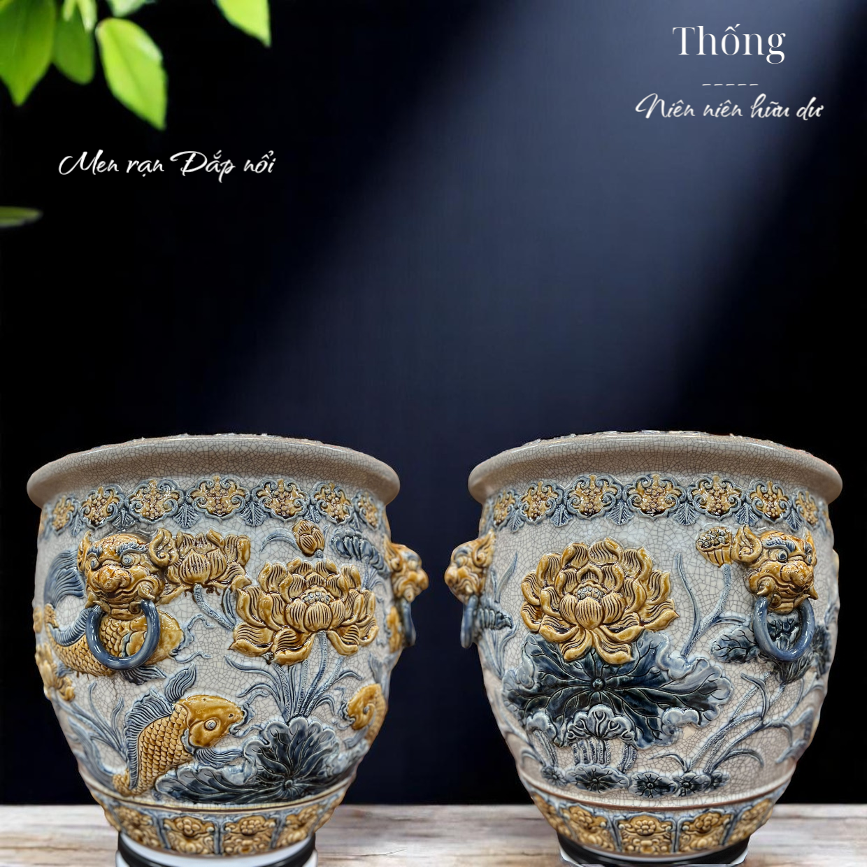 Thống Sen Cá men rạn đắp nổi - Liên hoa cát tường