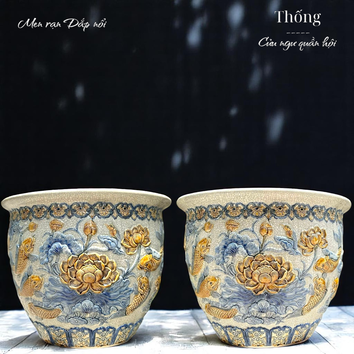 Thống Cửu ngư Quần hội Men rạn đắp nổi tinh xảo gốm sứ Bát Tràng MRDAV