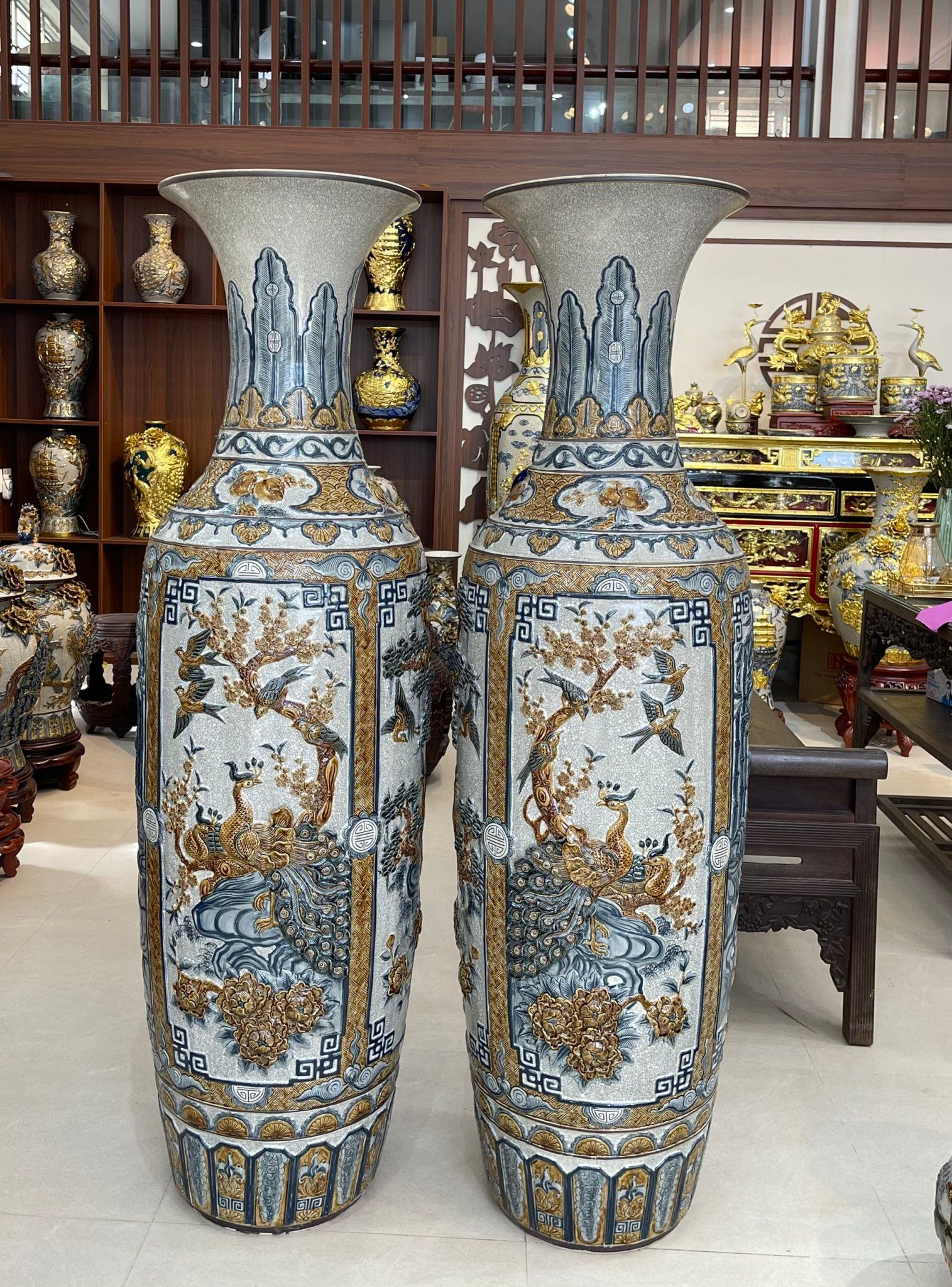 Lọ Lục Bình Tứ Cảnh Kỹ Men rạn Đắp nổi Hàng Nghệ nhân Bát Tràng