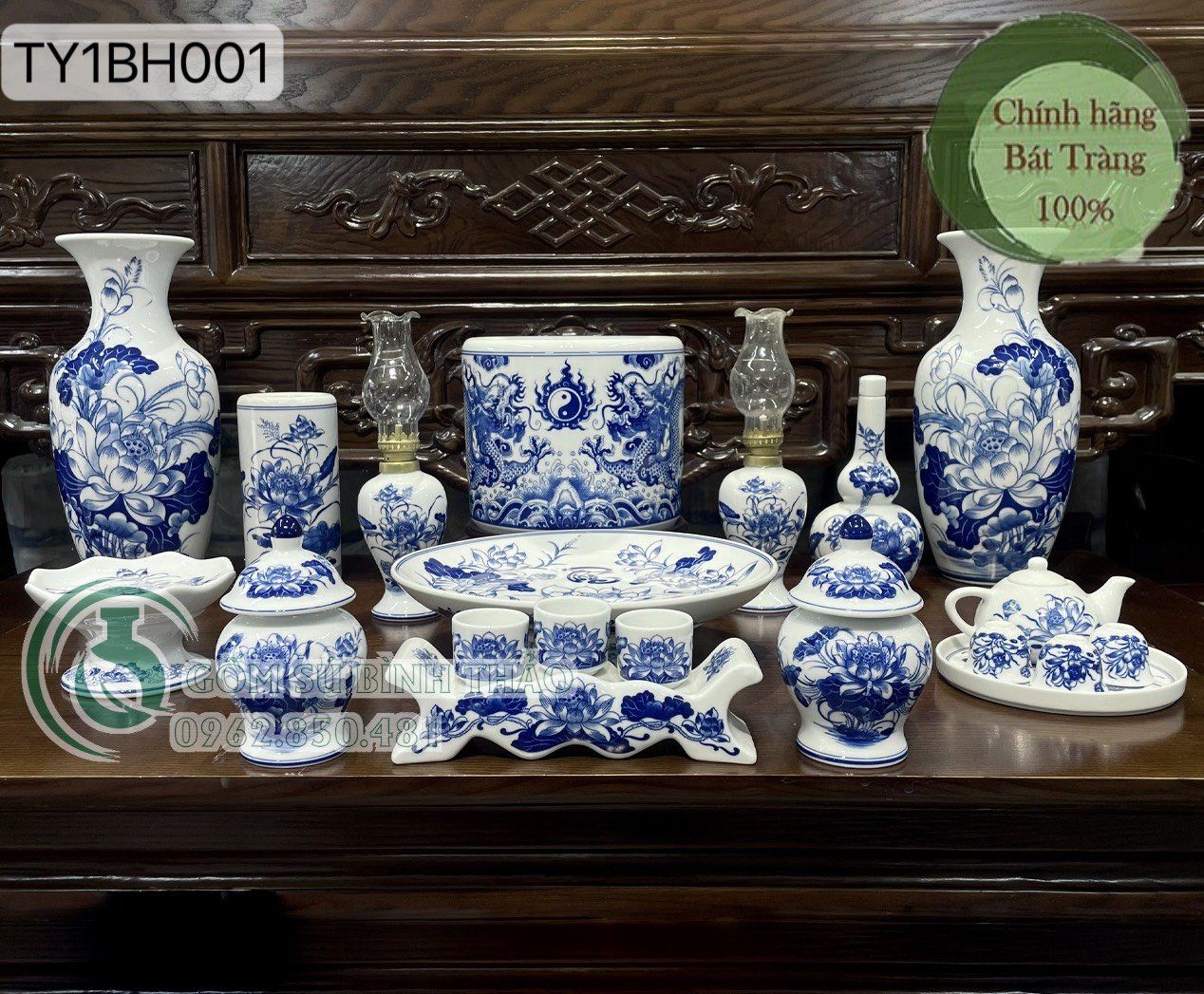 Bộ đồ thờ Bát Tràng men Trắng Họa tiết Lam TY1BH001