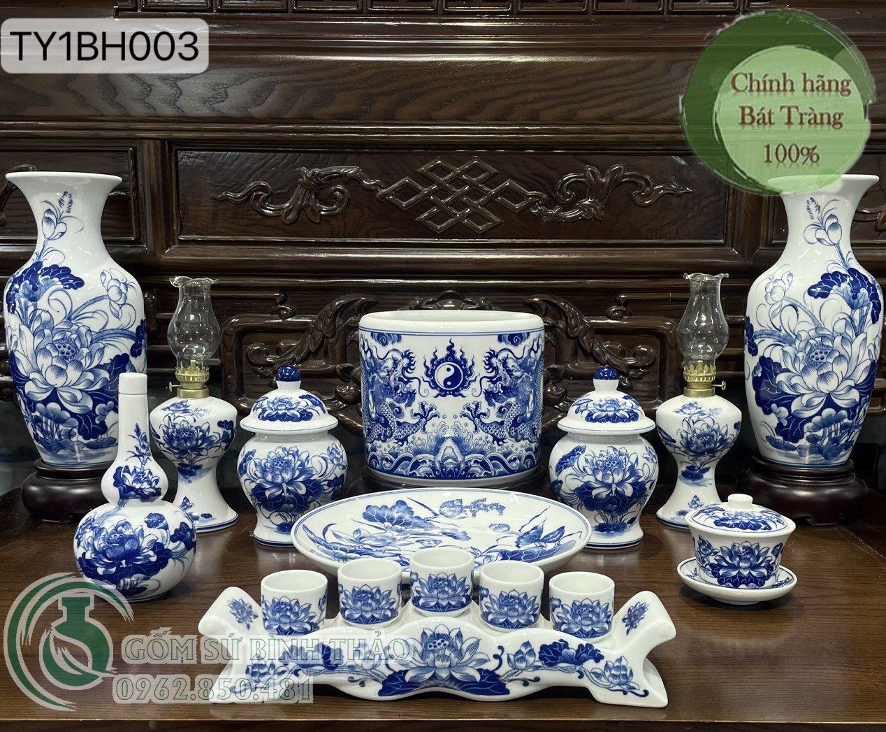 Bộ đồ thờ Bát Tràng men Trắng Họa tiết Lam TY1BH003