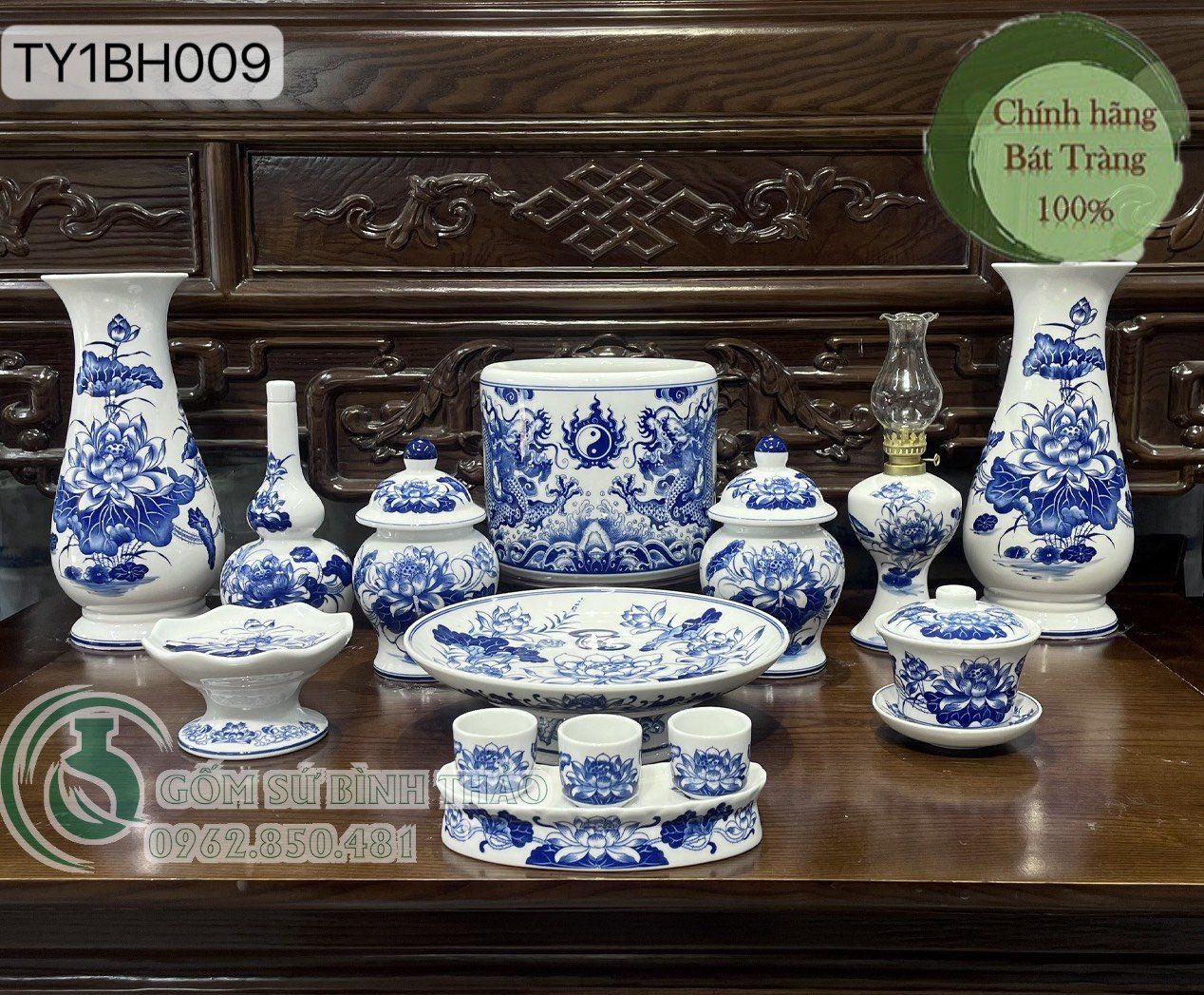 Bộ đồ thờ Bát Tràng men Trắng Họa tiết Lam TY1BH009