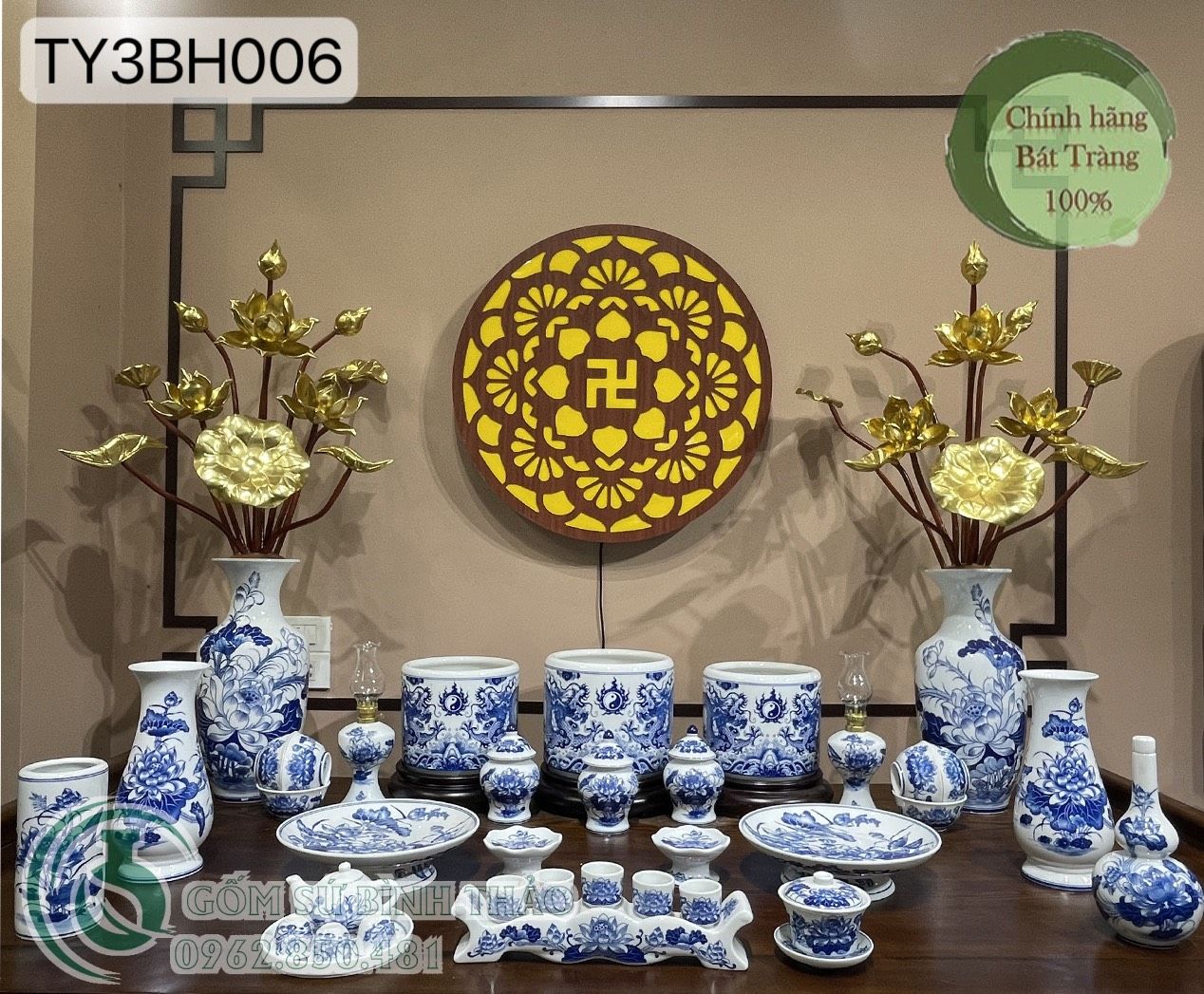 Bộ đồ thờ Bát Tràng men Trắng Họa tiết Lam TY3BH006