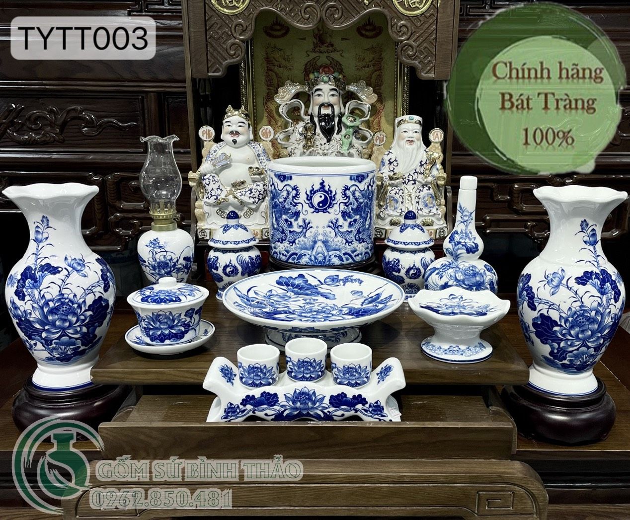 Bộ đồ thờ Thần Tài Bát Tràng men Trắng Họa tiết Lam TYTT003