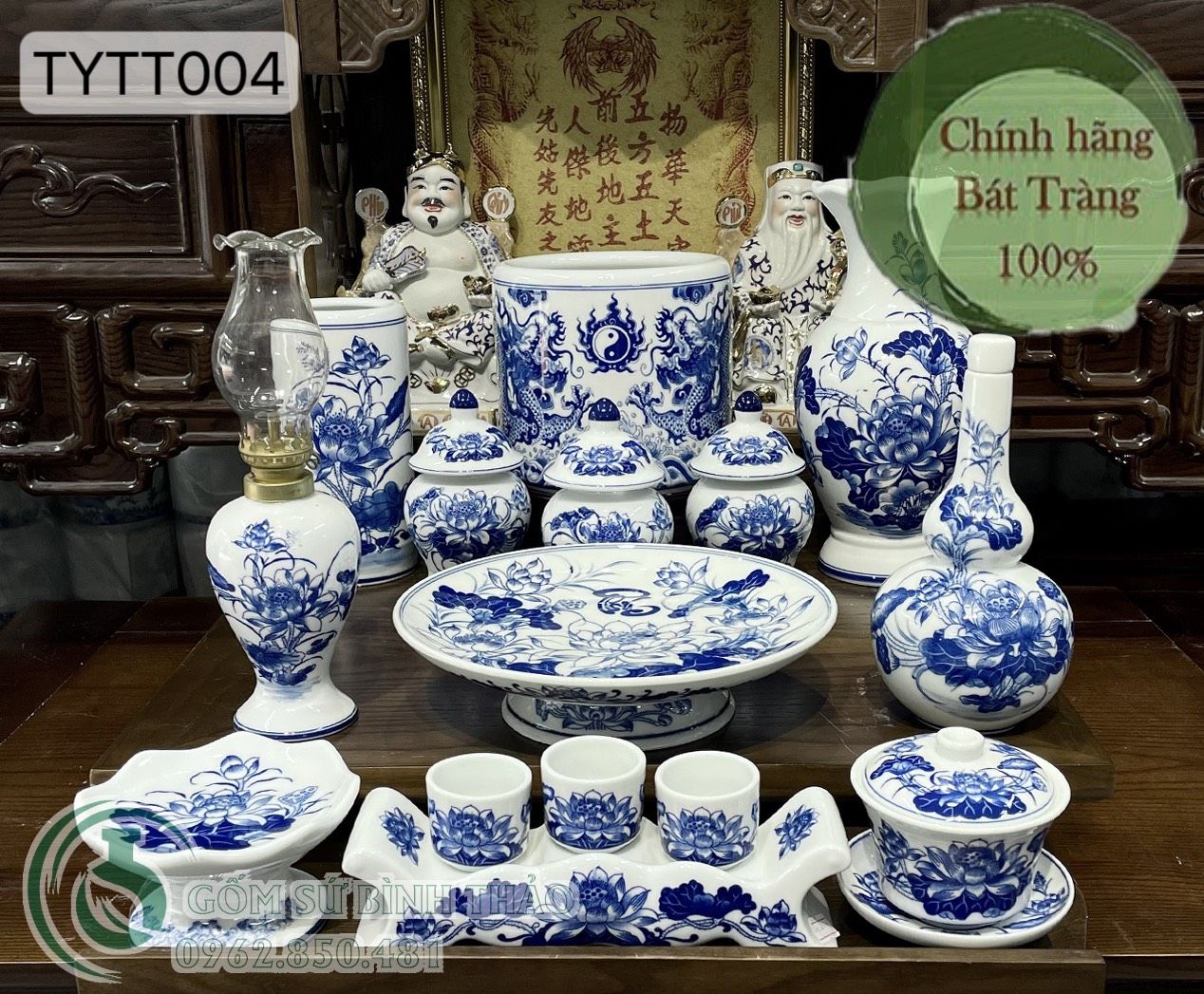 Bộ đồ thờ Thần Tài Bát Tràng men Trắng Họa tiết Lam TYTT004