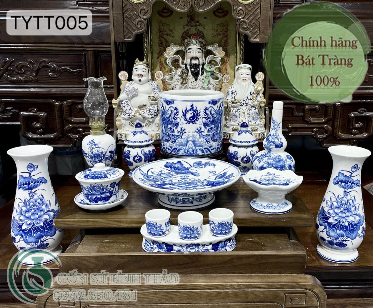 Bộ đồ thờ Thần Tài Bát Tràng men Trắng Họa tiết Lam TYTT005